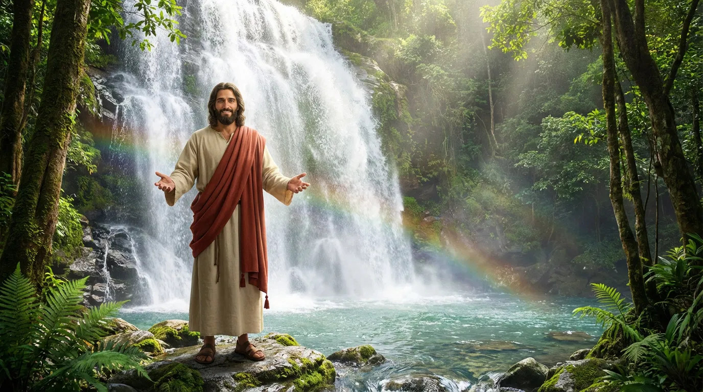 Jesus Welcoming with Open Arms Before a Waterfall