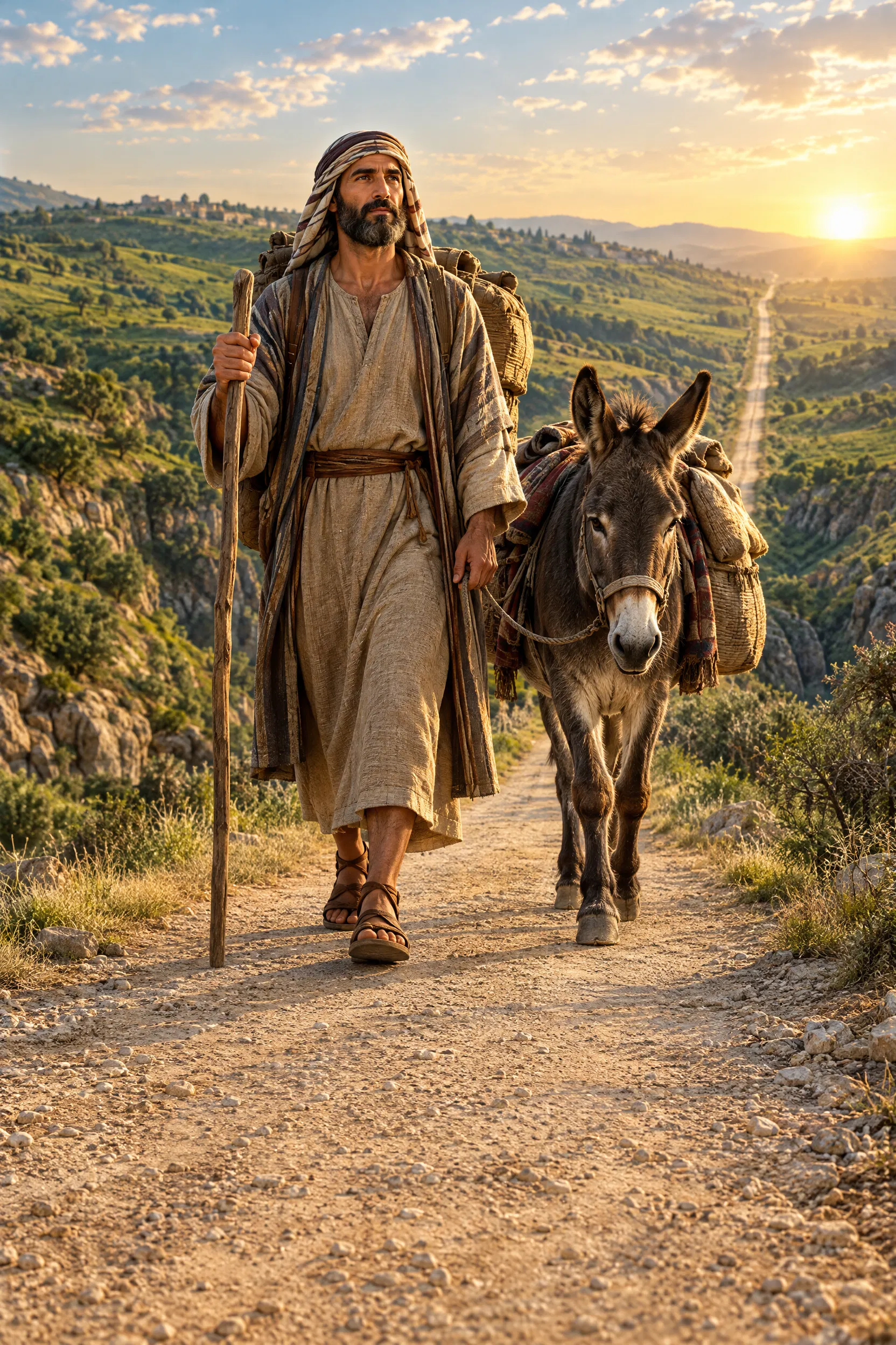 Traveler With a Donkey Walks a Straight Road