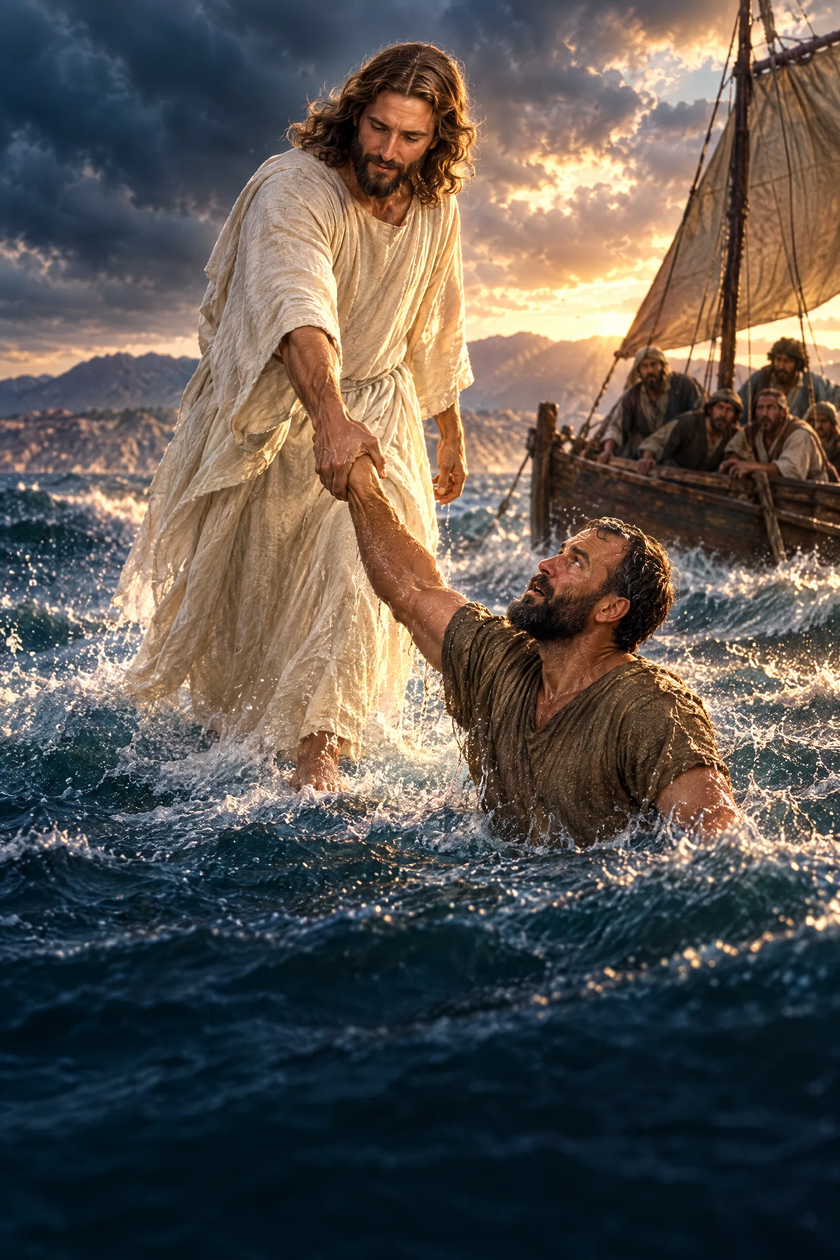 Jesus Pulls Sinking Peter from the Waves