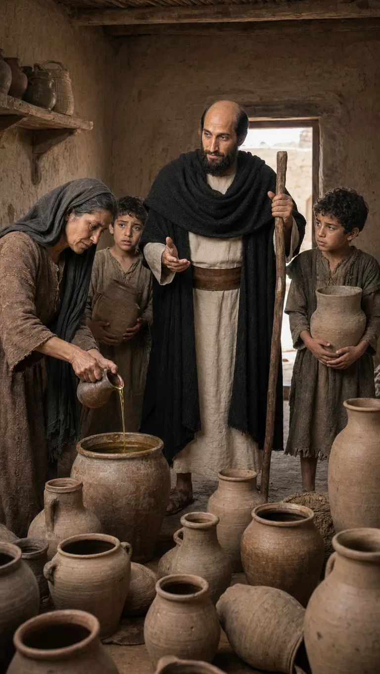 Elisha and the Widow Filling Empty Vessels with Oil