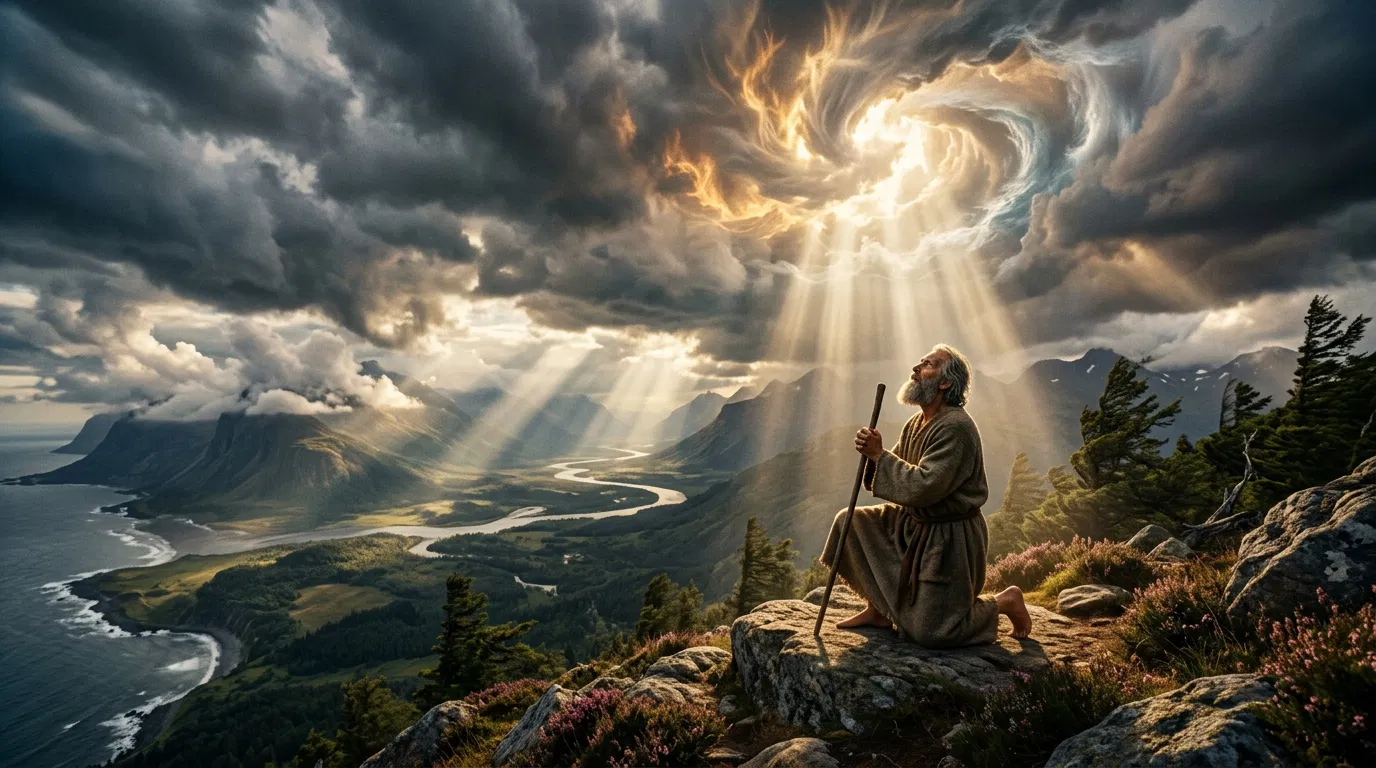 Old Man Kneeling in Prayer Beneath a Storm Sky
