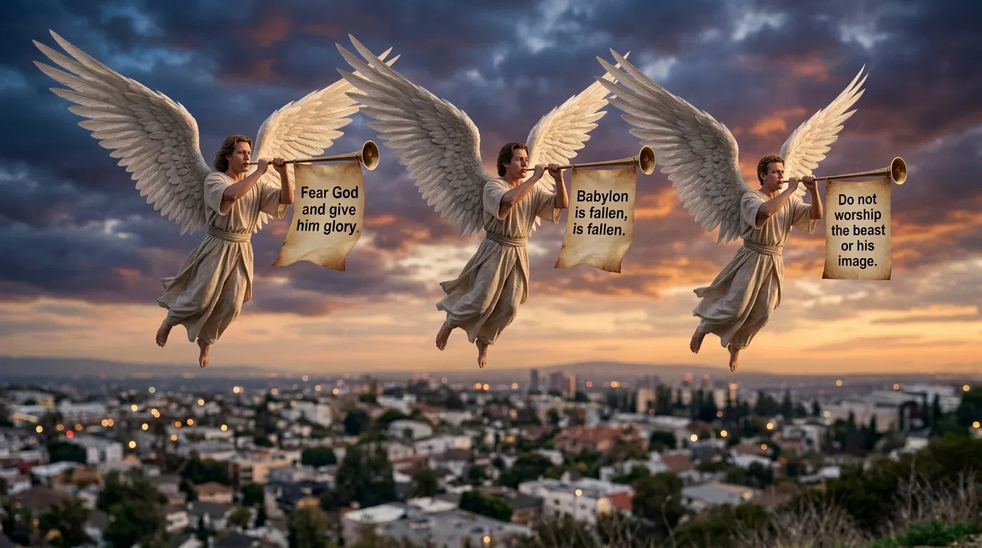 Three Angels Fly with Trumpets and Scrolls