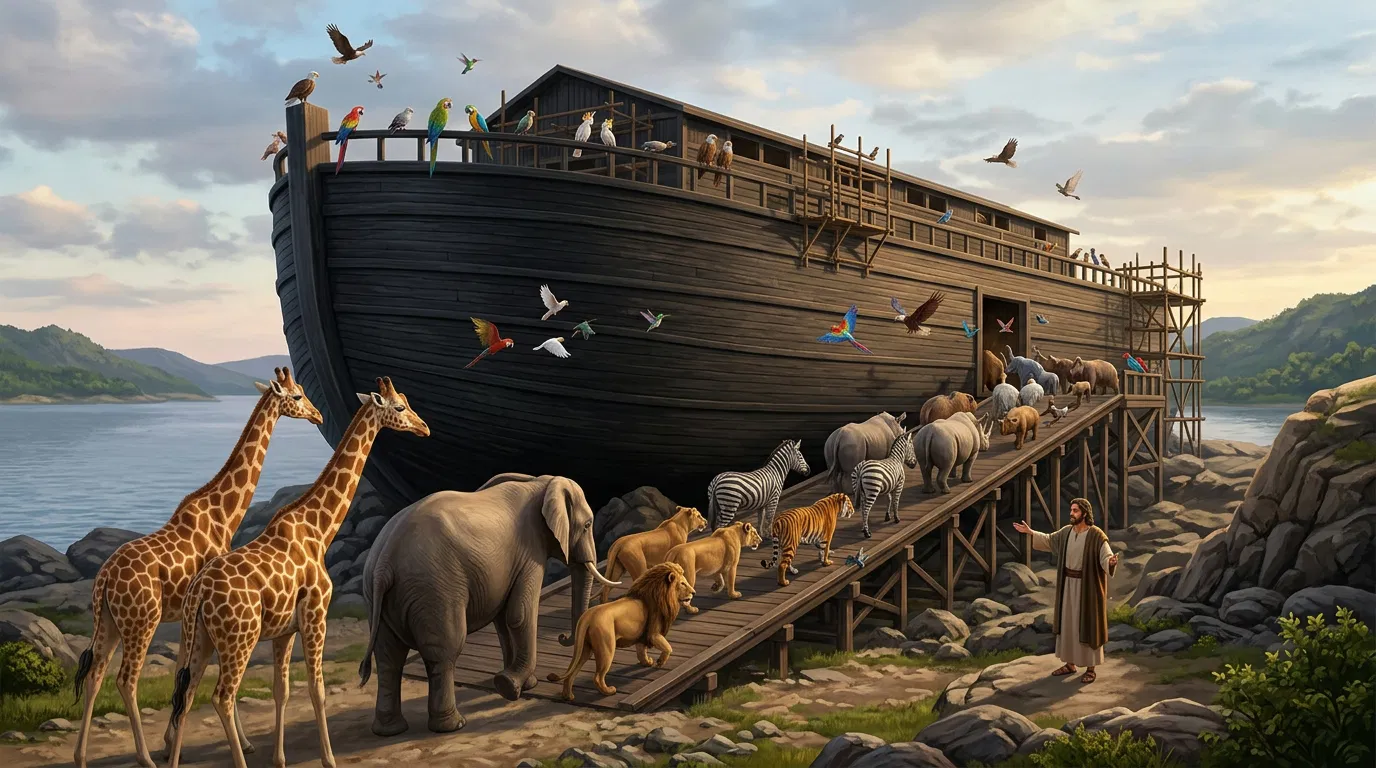 Animals Walk Up the Ramp Into Noah's Ark