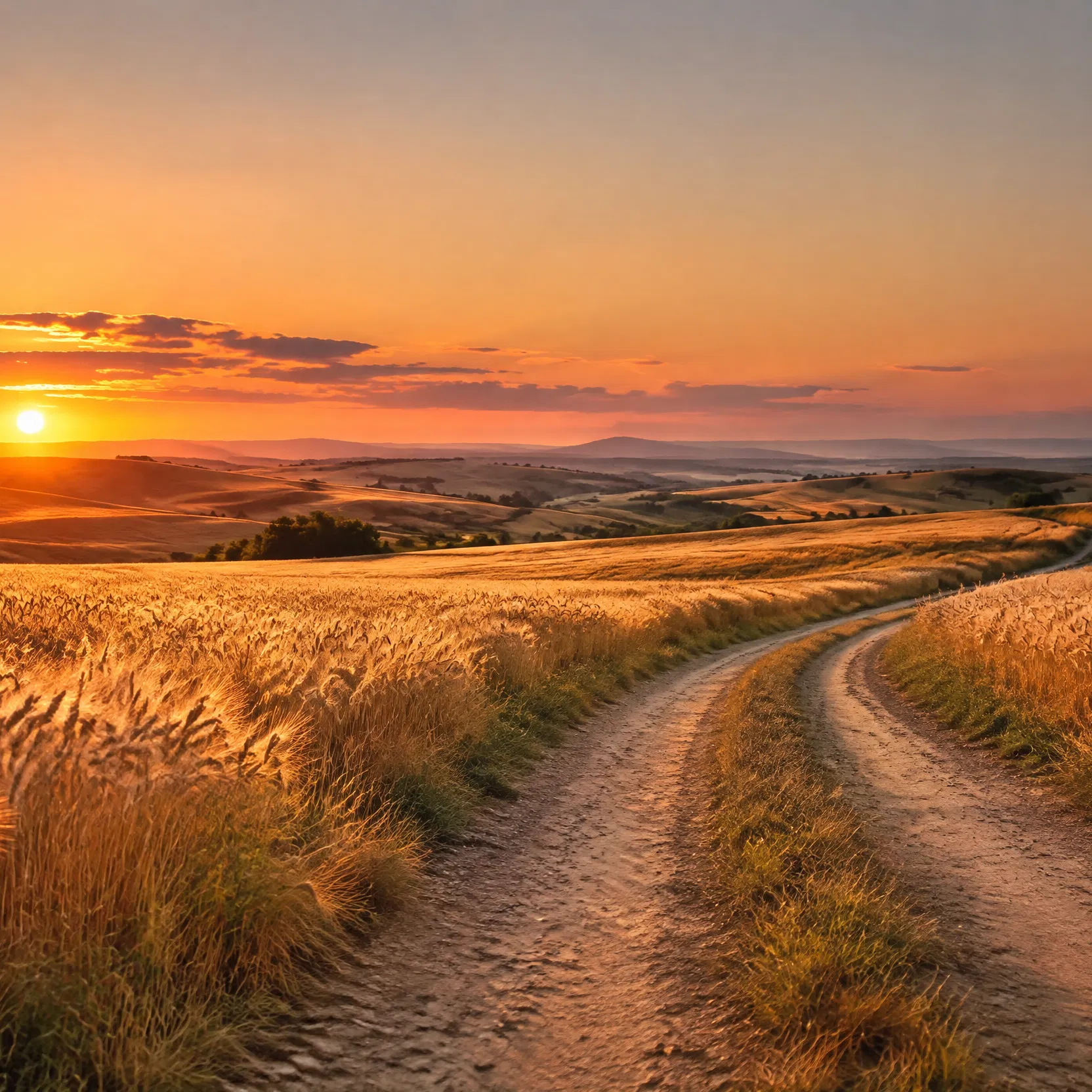 Dirt Road Through a Wheat Field at Sunset