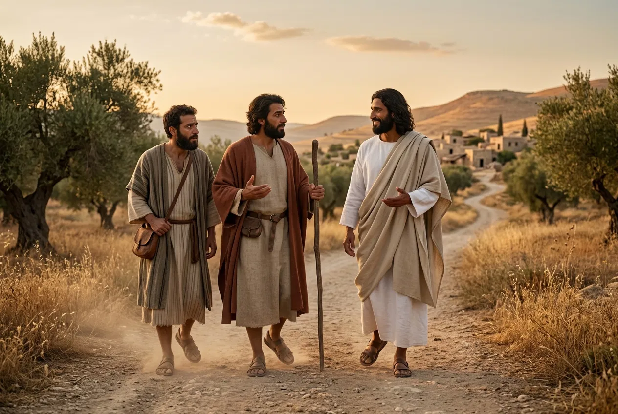 Jesus Walks With Two Disciples on the Road to Emmaus