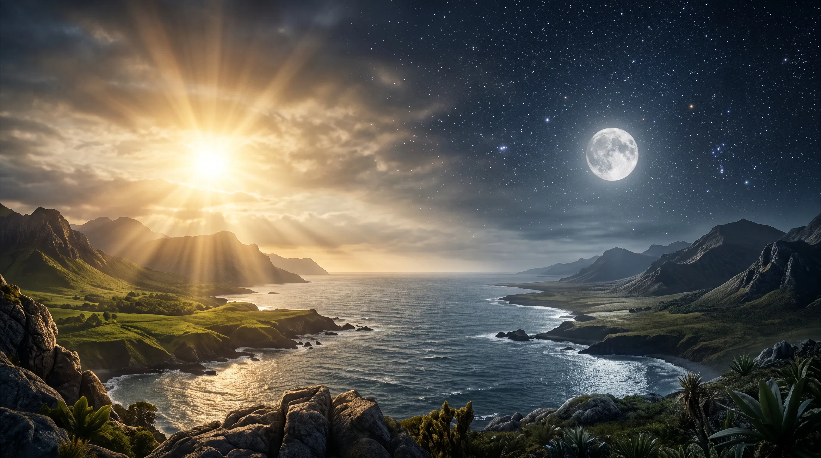 Sun and Moon Over a Mountain Coast
