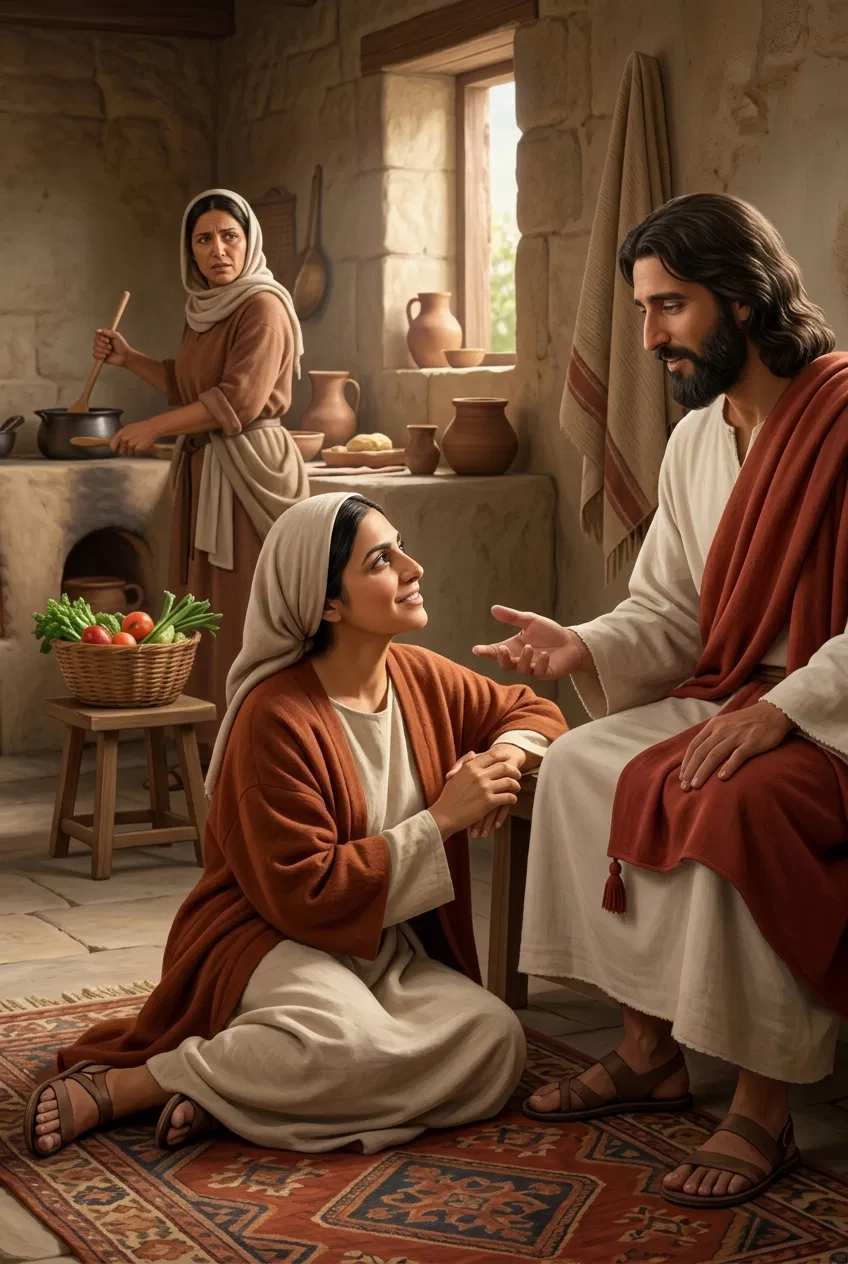 Mary Listening to Jesus as Martha Cooks