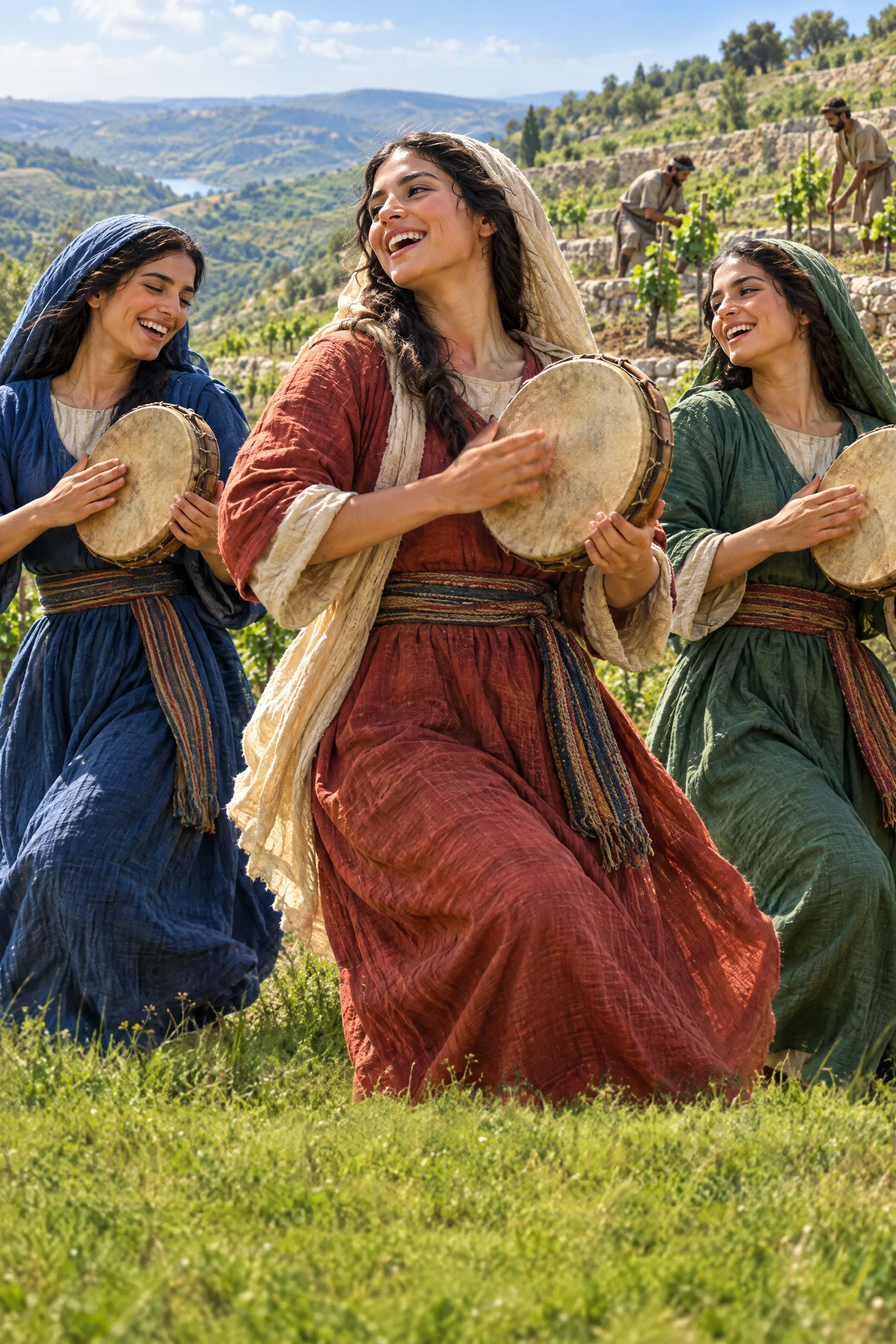 Young Women Dance With Hand Drums Among New Vineyards