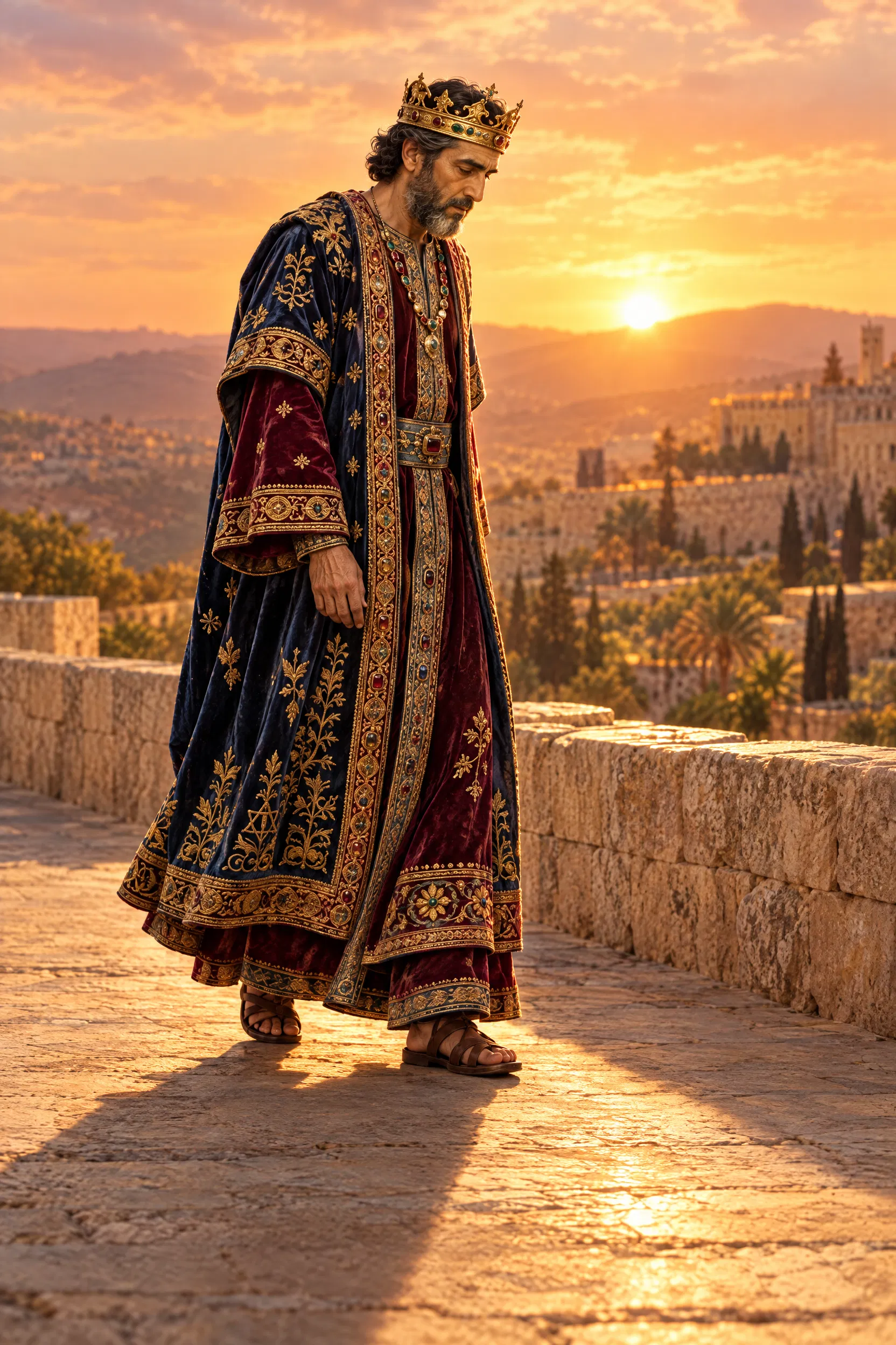 Aged Solomon Walks Alone Along the Rampart at Sunset