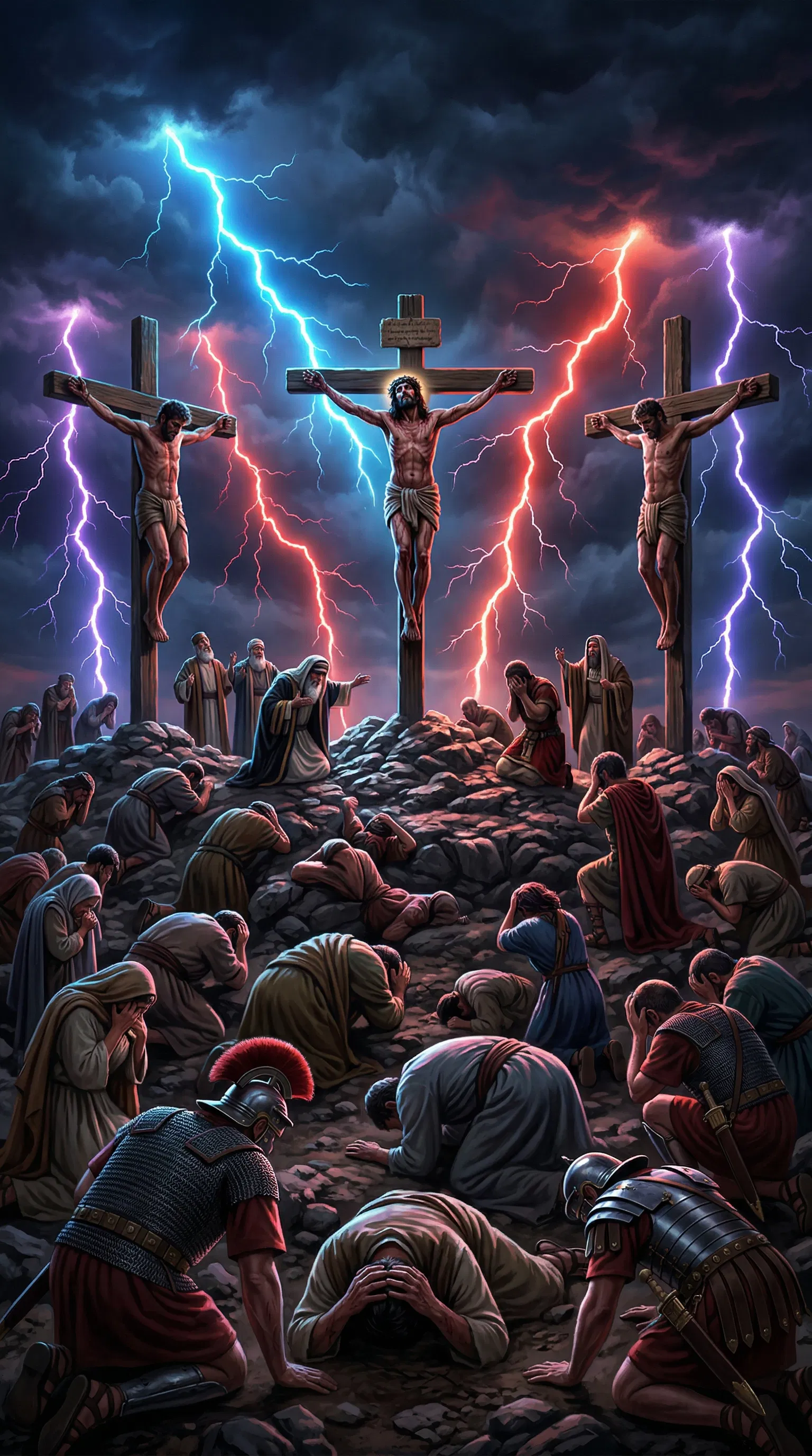 Darkness and Lightning at Calvary as the Crowd Falls Prostrate