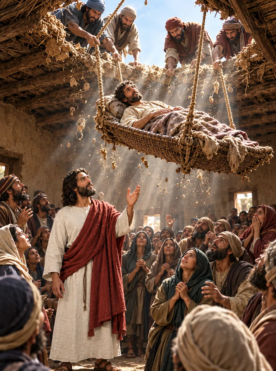 Men Lower the Paralytic Through the Roof to Jesus