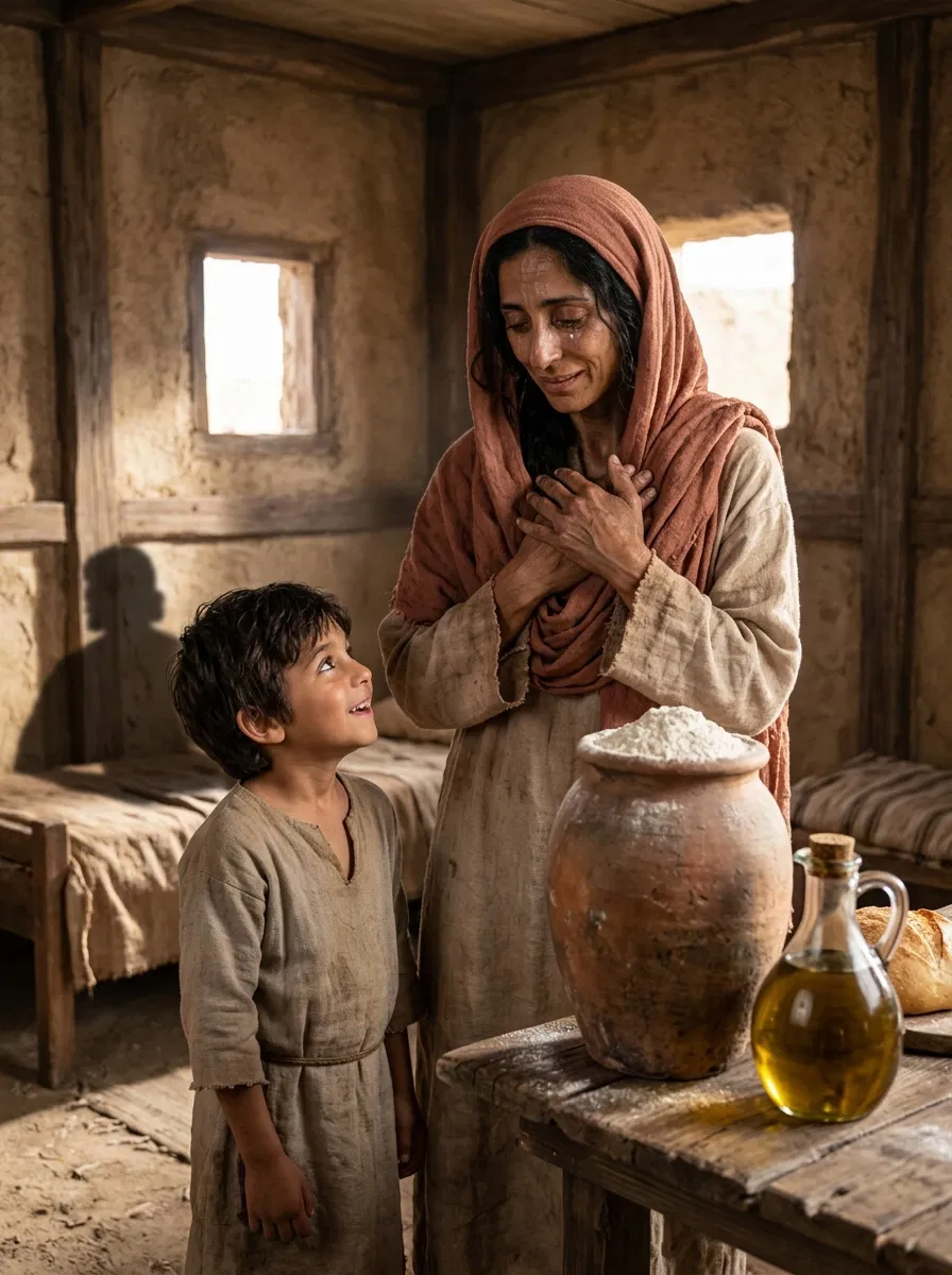 The Widow of Zarephath with Her Son and Flour