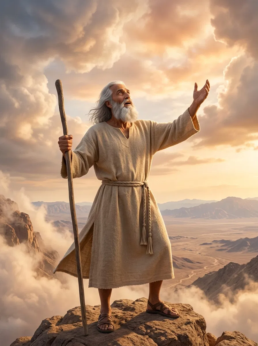 Moses Stands on a Mountain Top with His Staff