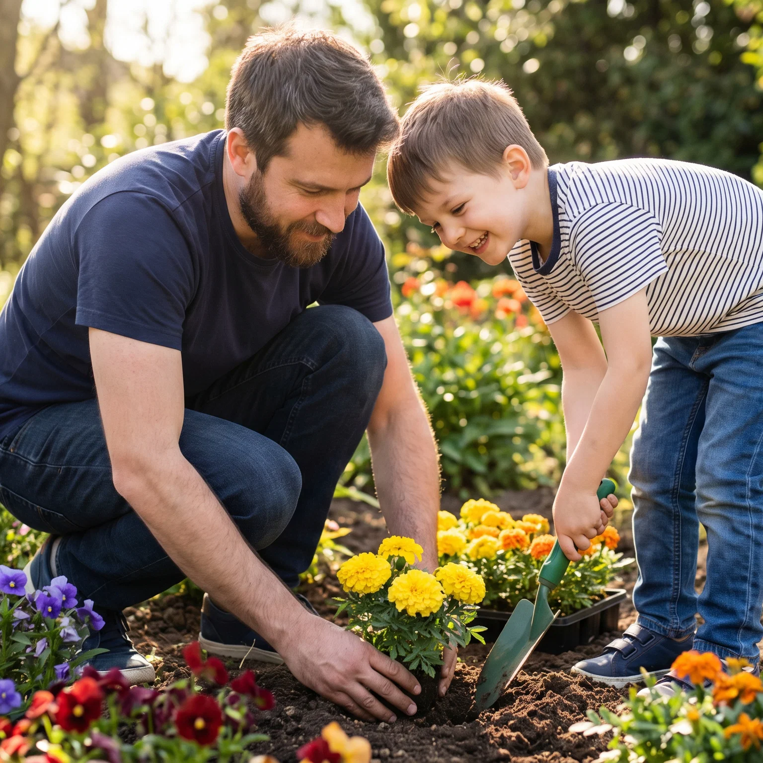 A Father and Son Bonding in the Garden