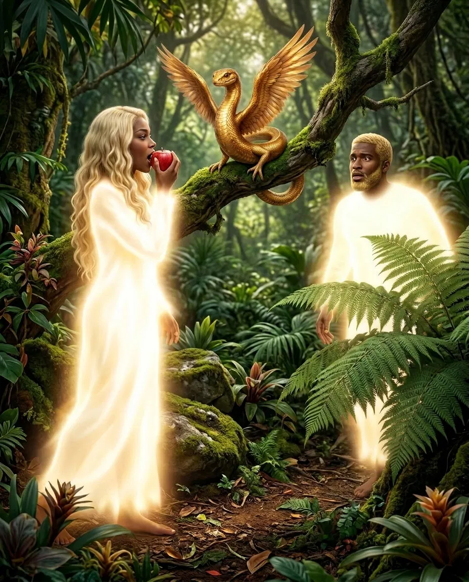 Eve Eats the Fruit Under the Golden Serpent