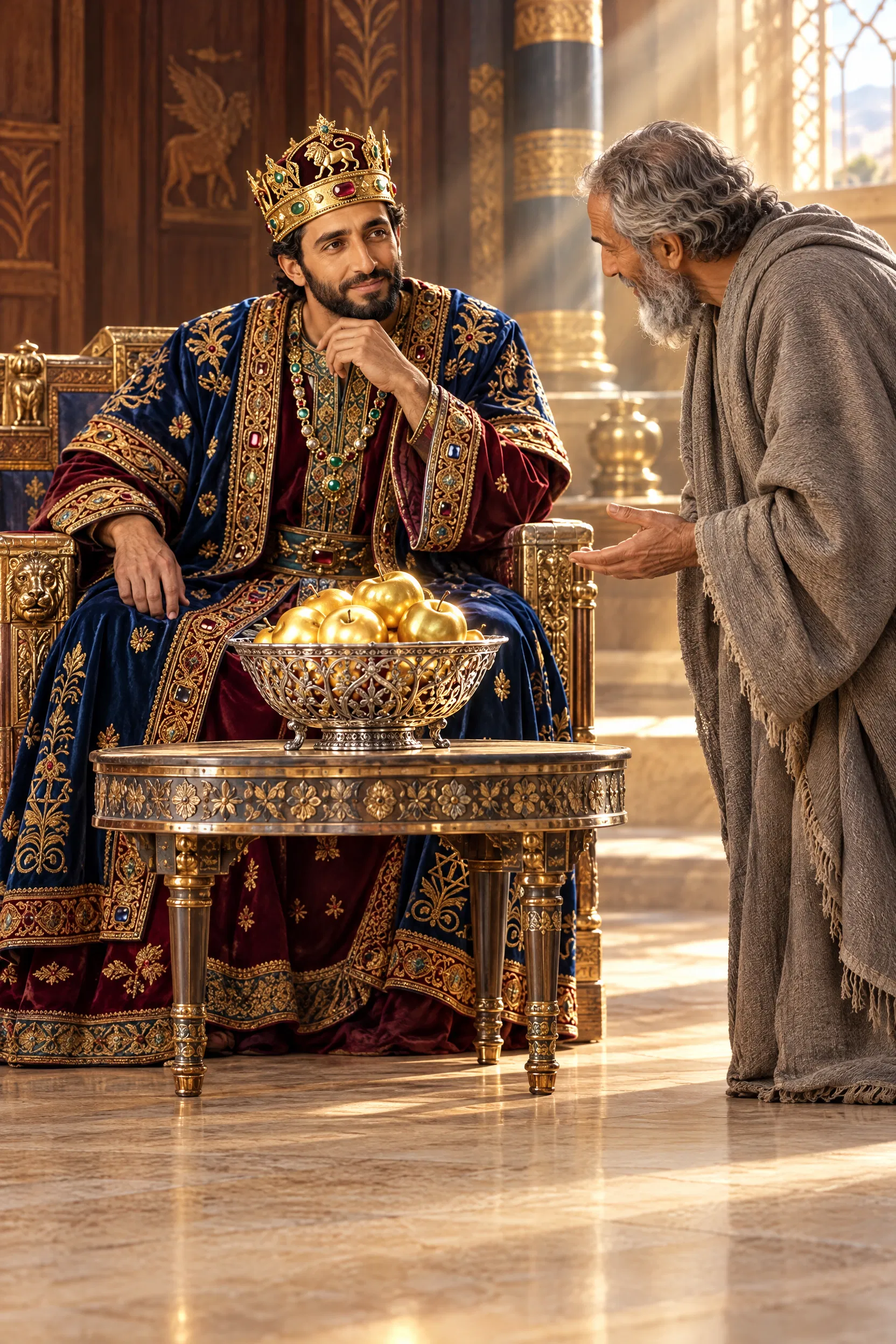 Solomon Listens to a Counsellor Beside Golden Apples
