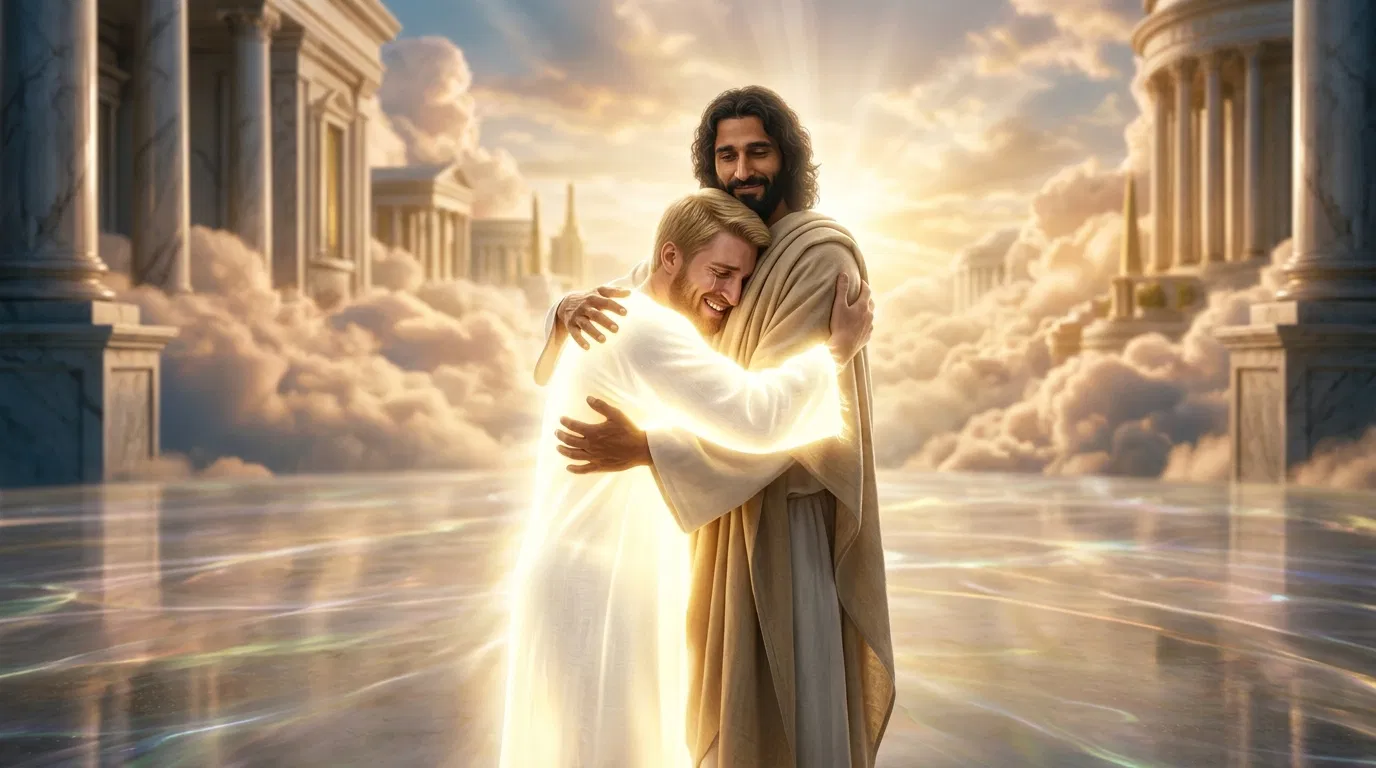 Adam Embraces Jesus in the Heavenly City