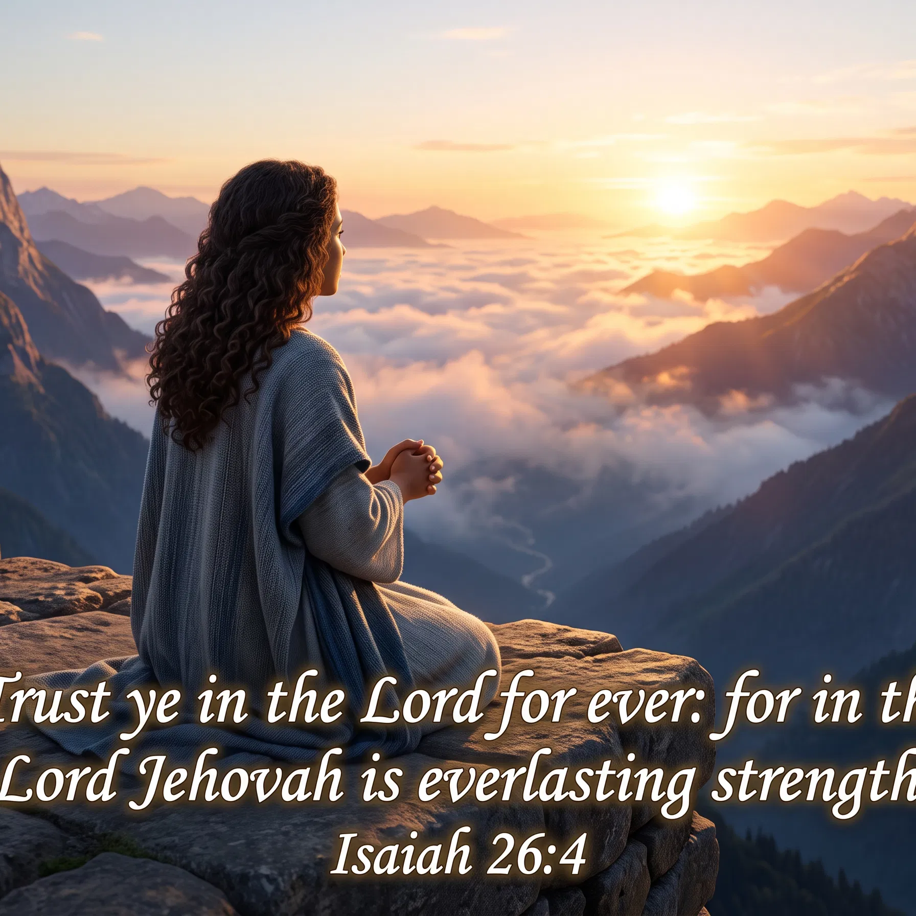 Woman Praying Above Clouds With Isaiah 26 Verse 4