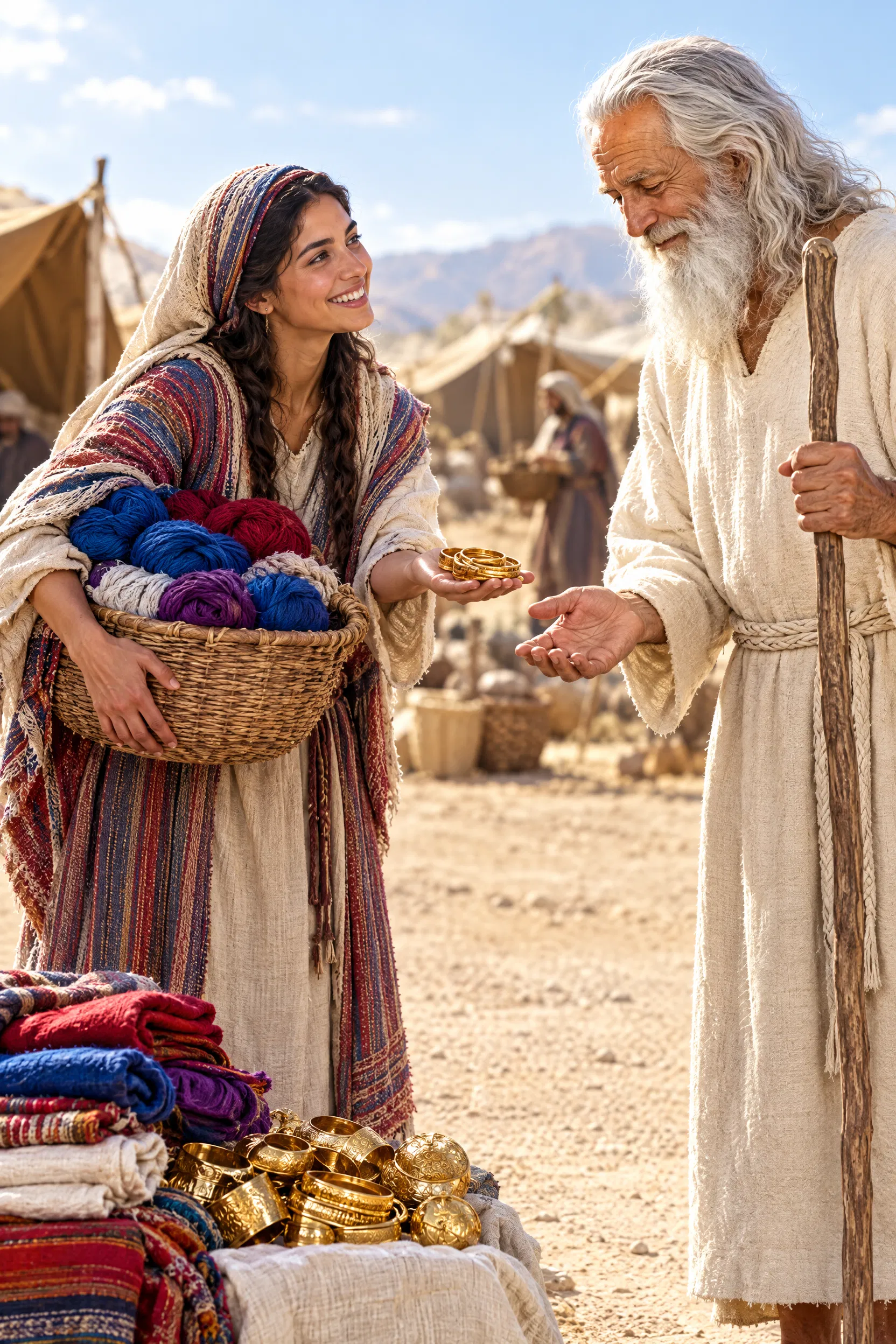 Israelites Bring Gold and Yarn to Moses