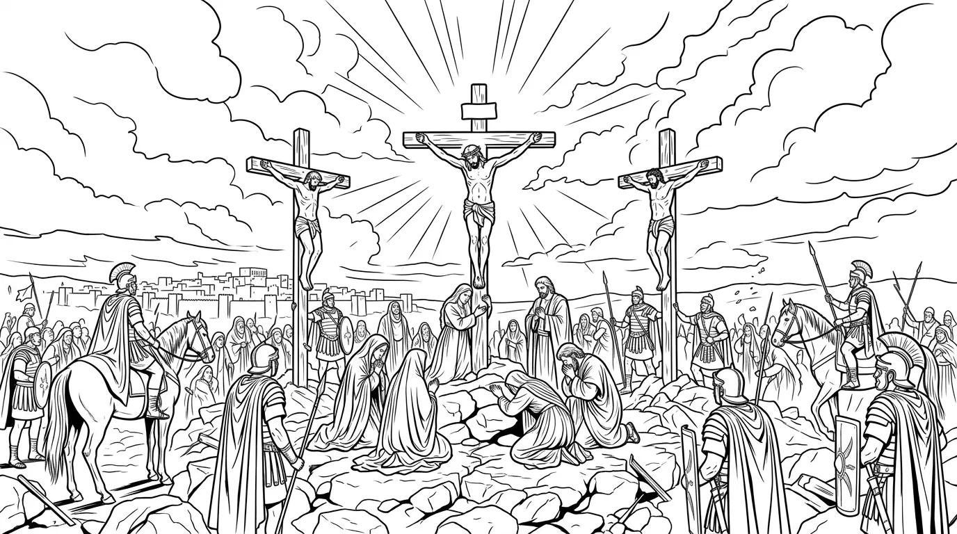 Three Crosses at Calvary Coloring Page