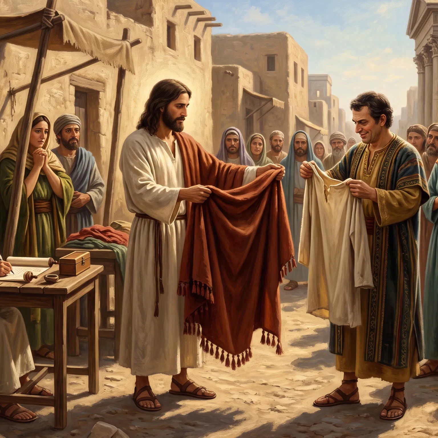 Jesus Hands a Cloak to a Man Holding a Coat