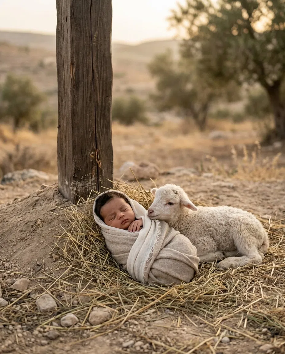 Baby Beside a Wooden Post with a Lamb