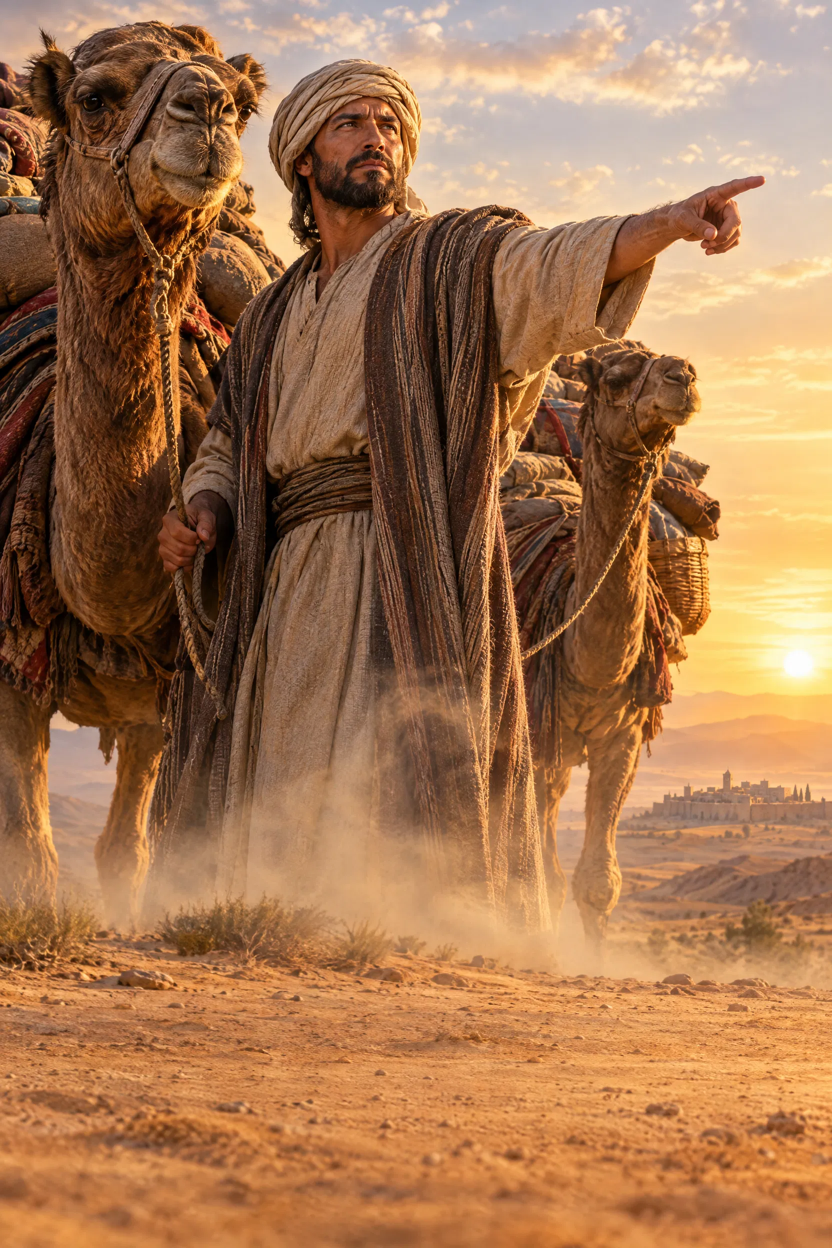 A Merchant with His Camels Points Toward a City