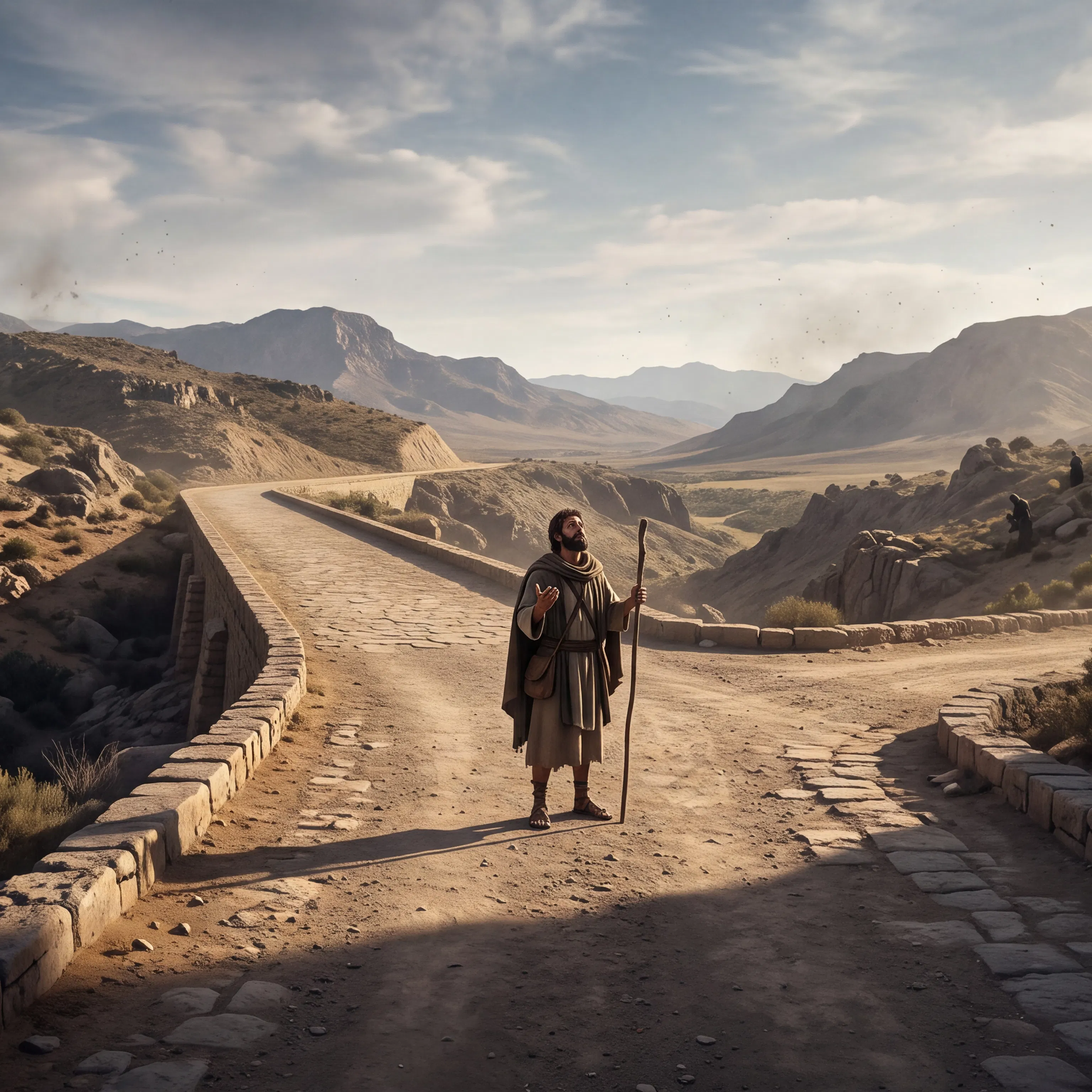 Traveler With Staff on a Stone Road in the Desert