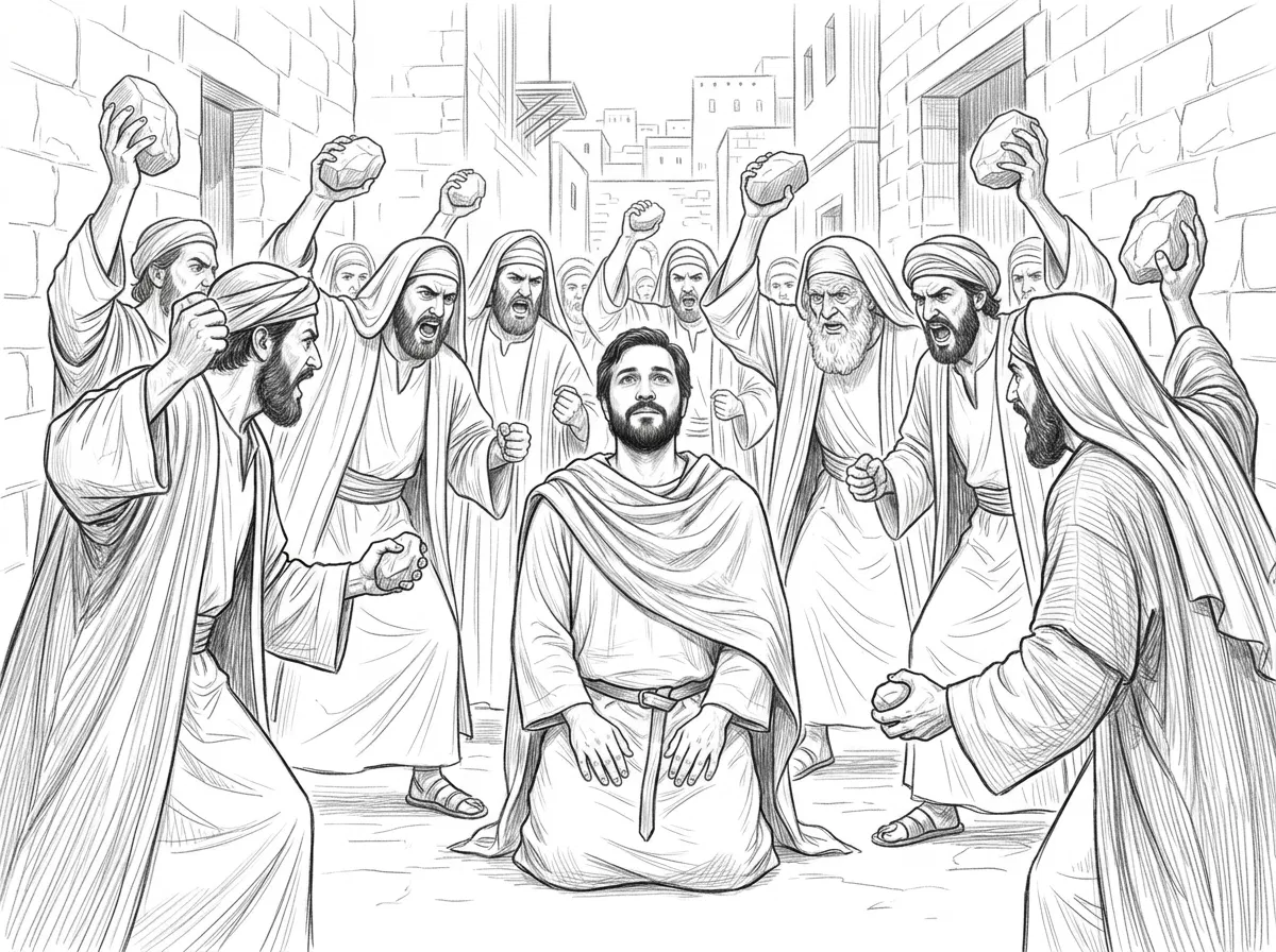 Kneeling Man Surrounded by Men Raising Stones