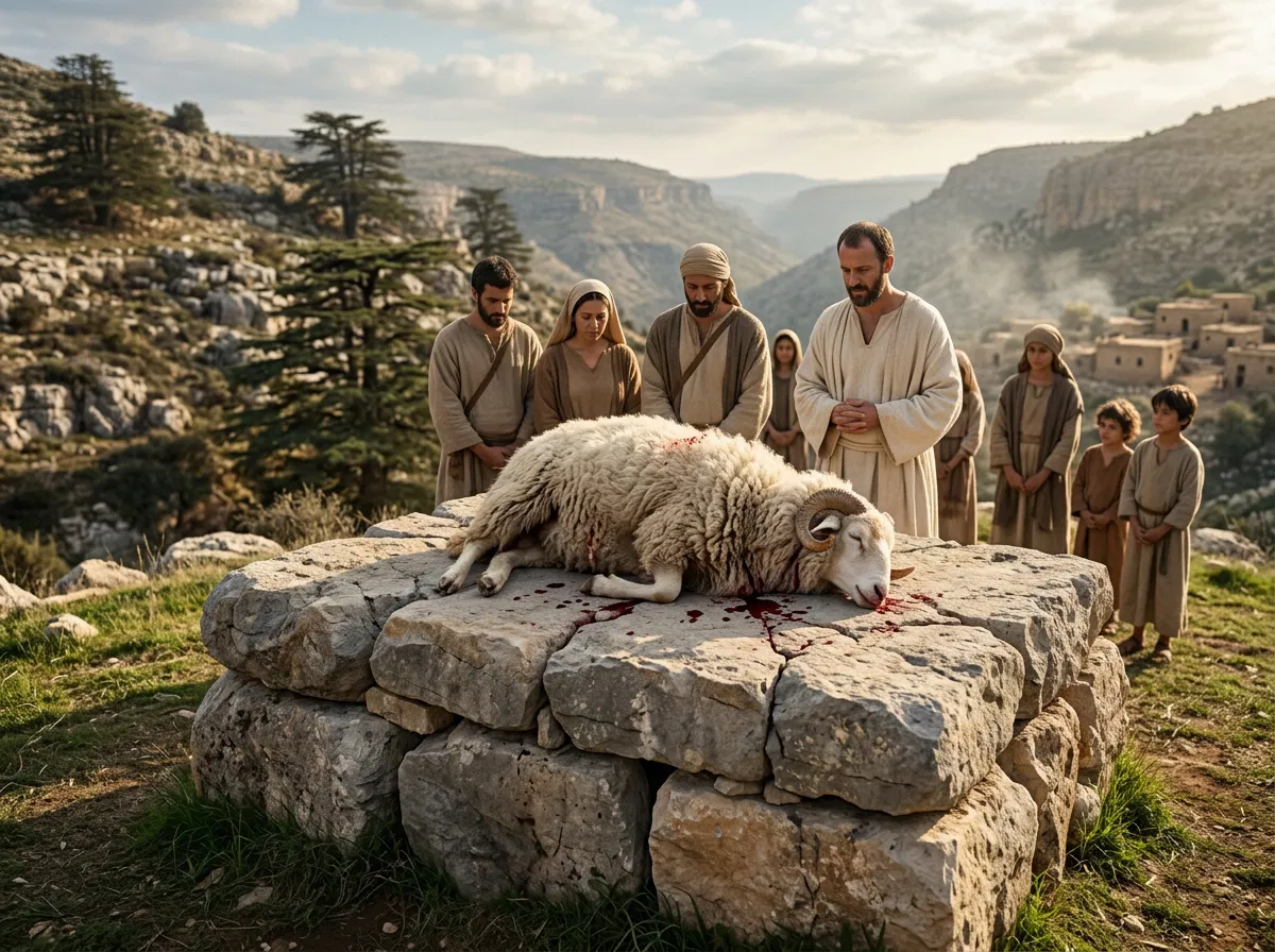A Family Beside a Sacrificed Lamb on an Altar