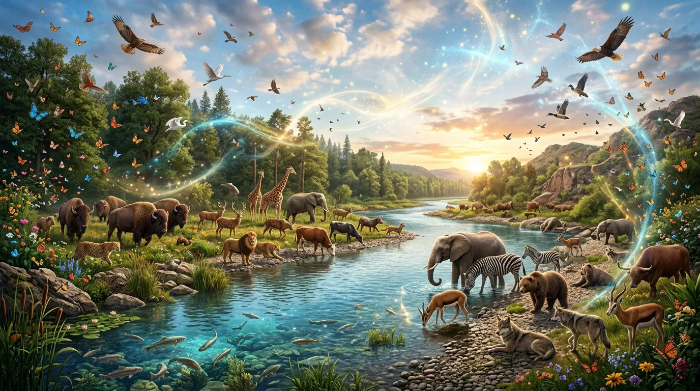 Animals, Birds and Fish by a River at Creation