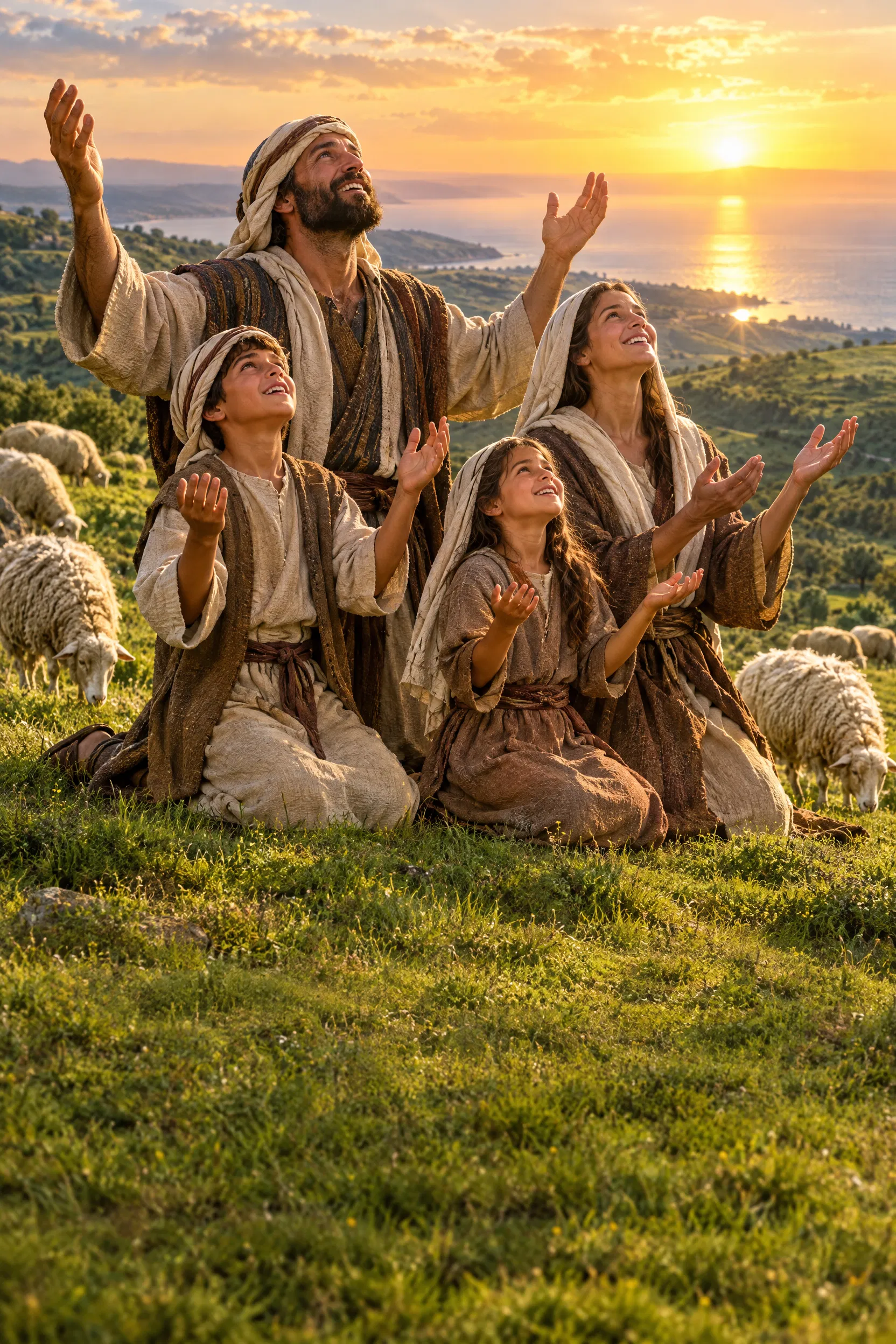 Shepherd Family Kneels in Worship on a Hilltop