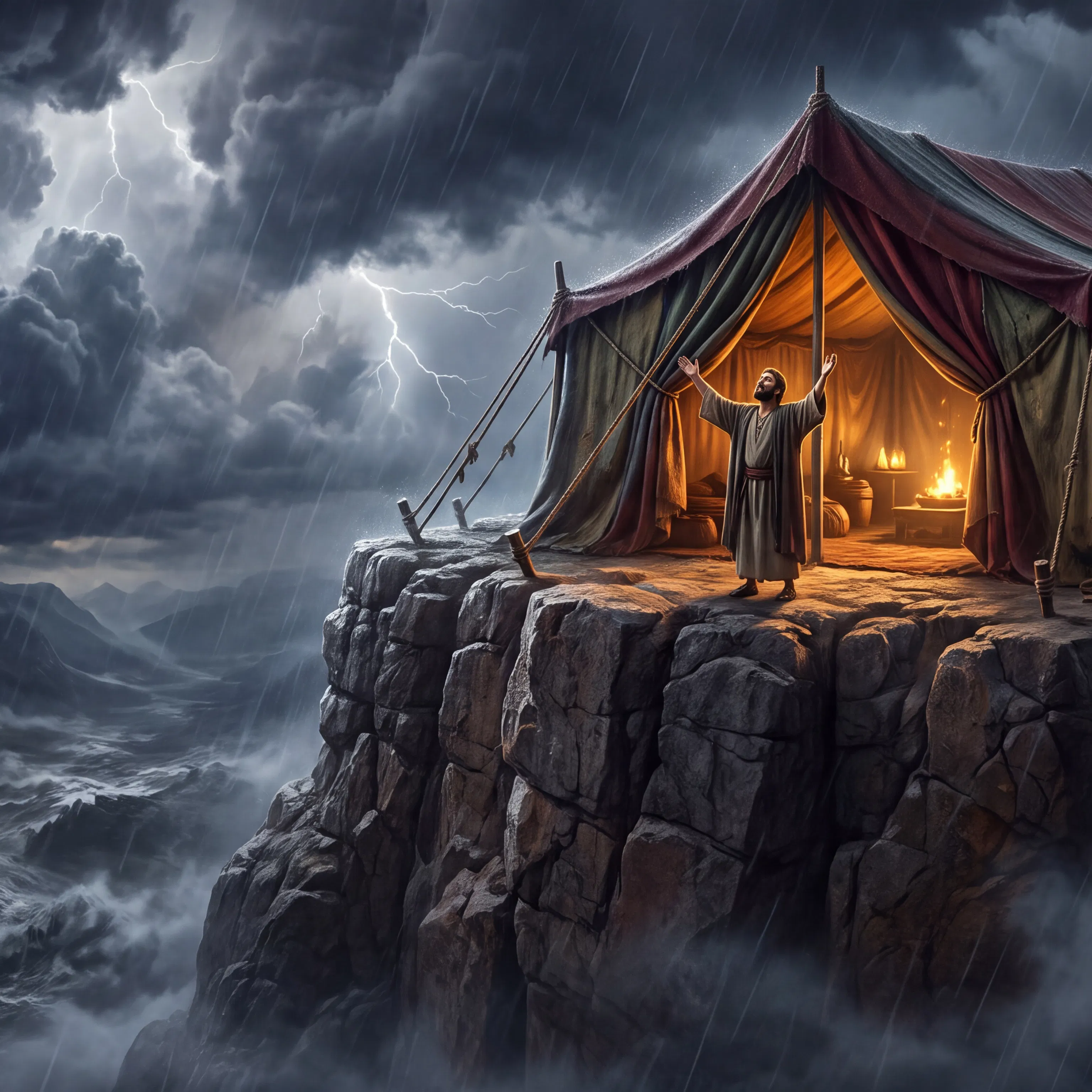 Man Prays Outside Tent on Cliff in Storm