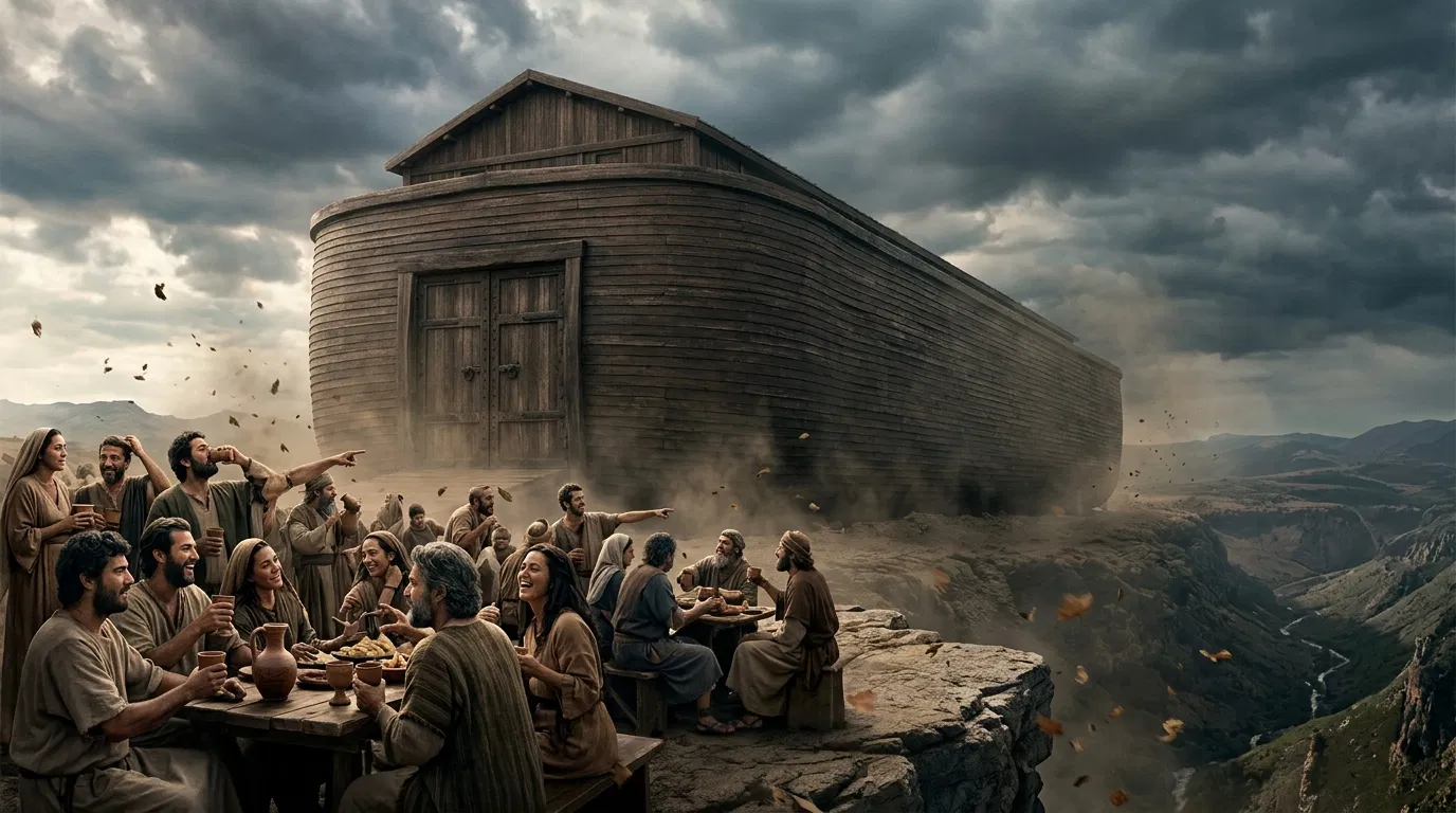 People Feasting Before Noah's Closed Ark