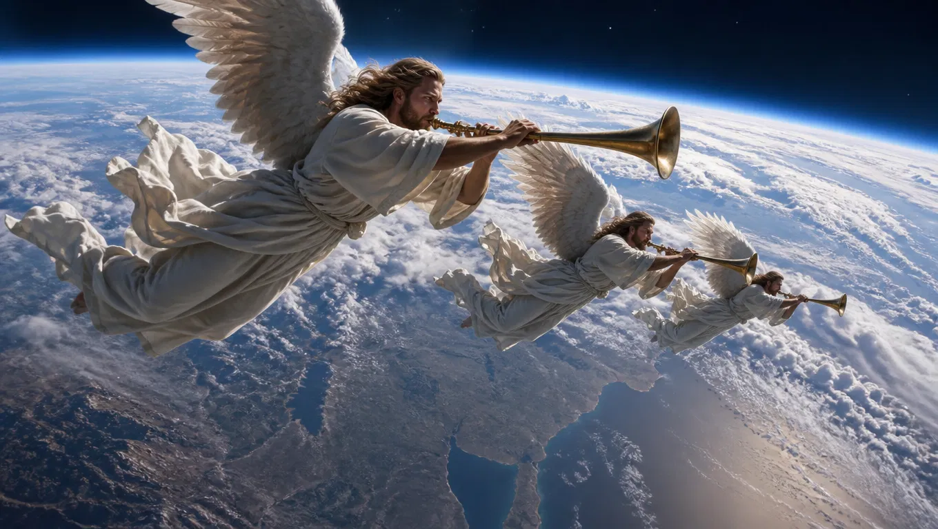 Three Angels Flying Over the Earth Blowing Trumpets
