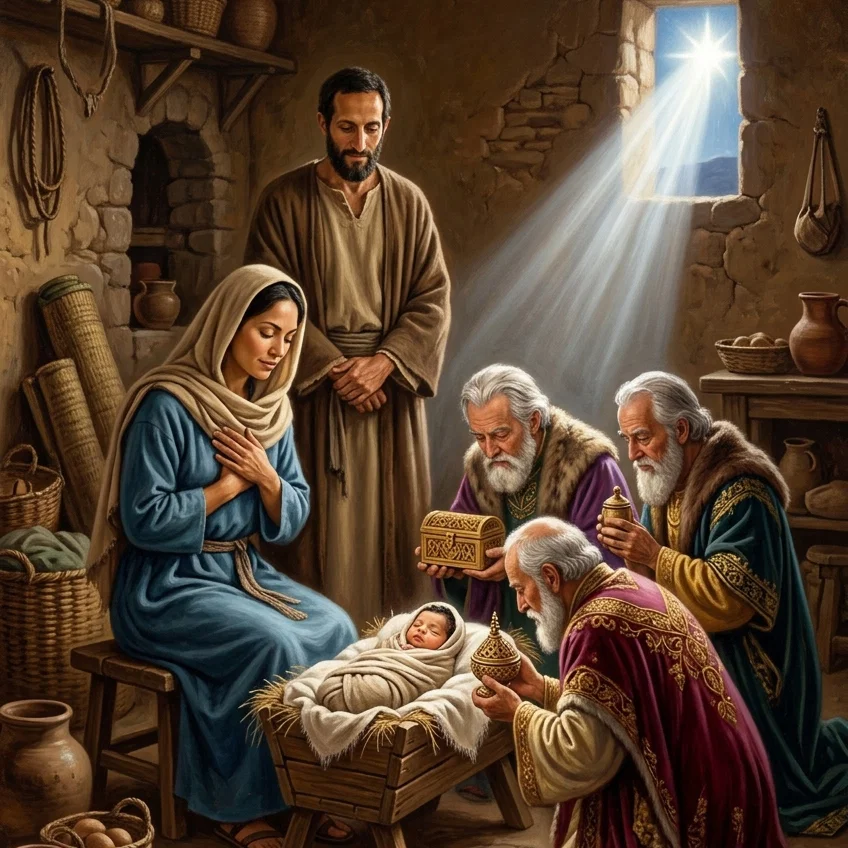 The wise men worship baby Jesus