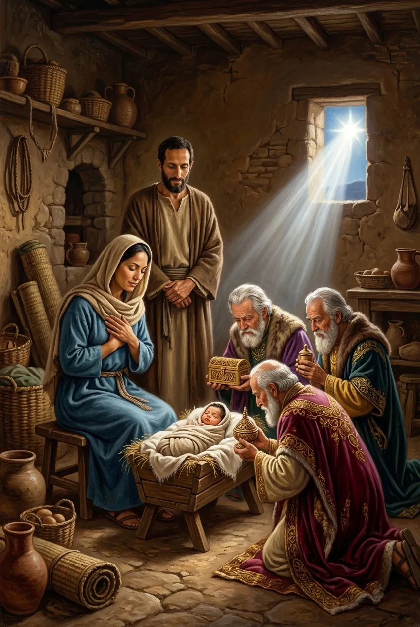 The wise men worship baby Jesus
