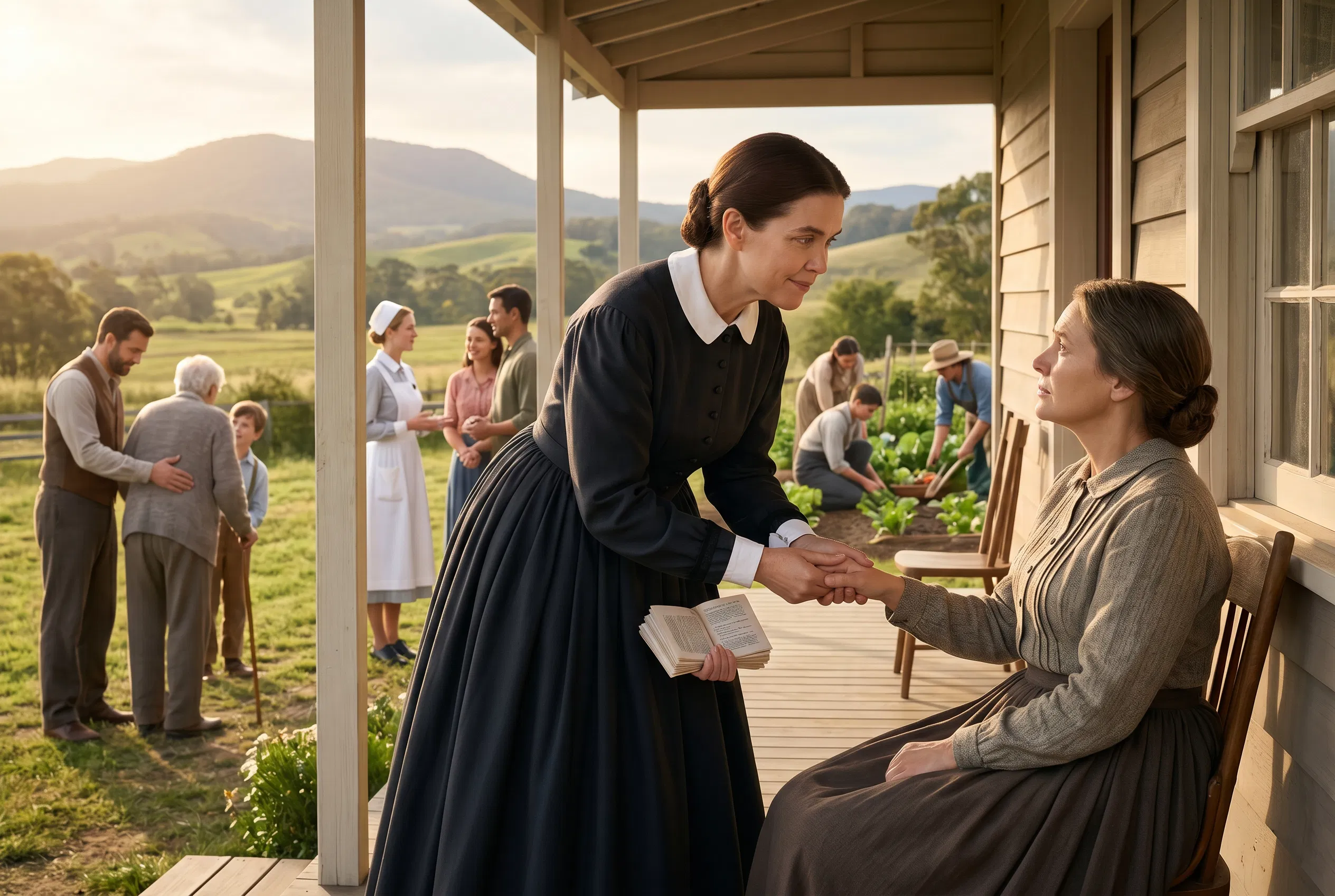 Woman in Black Comforts a Seated Woman on a Porch