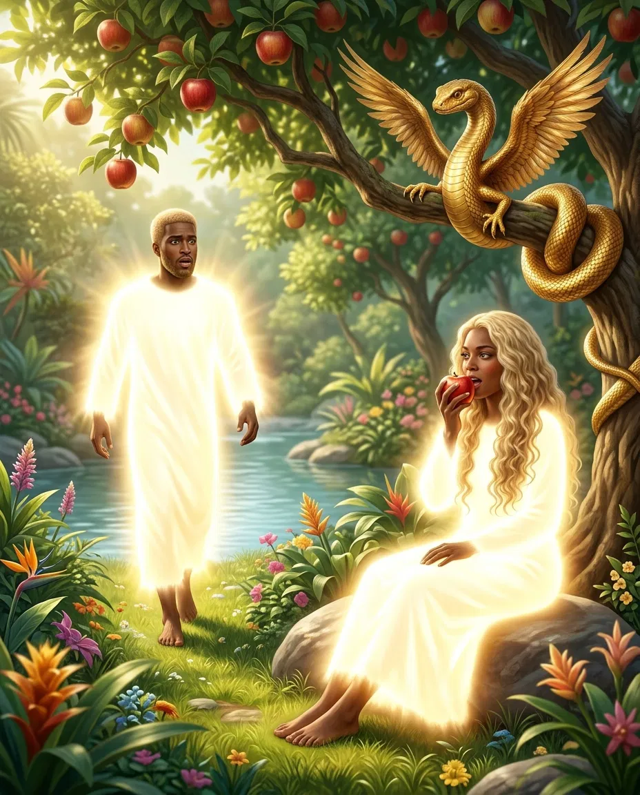Eve Eats the Fruit While the Winged Serpent Watches