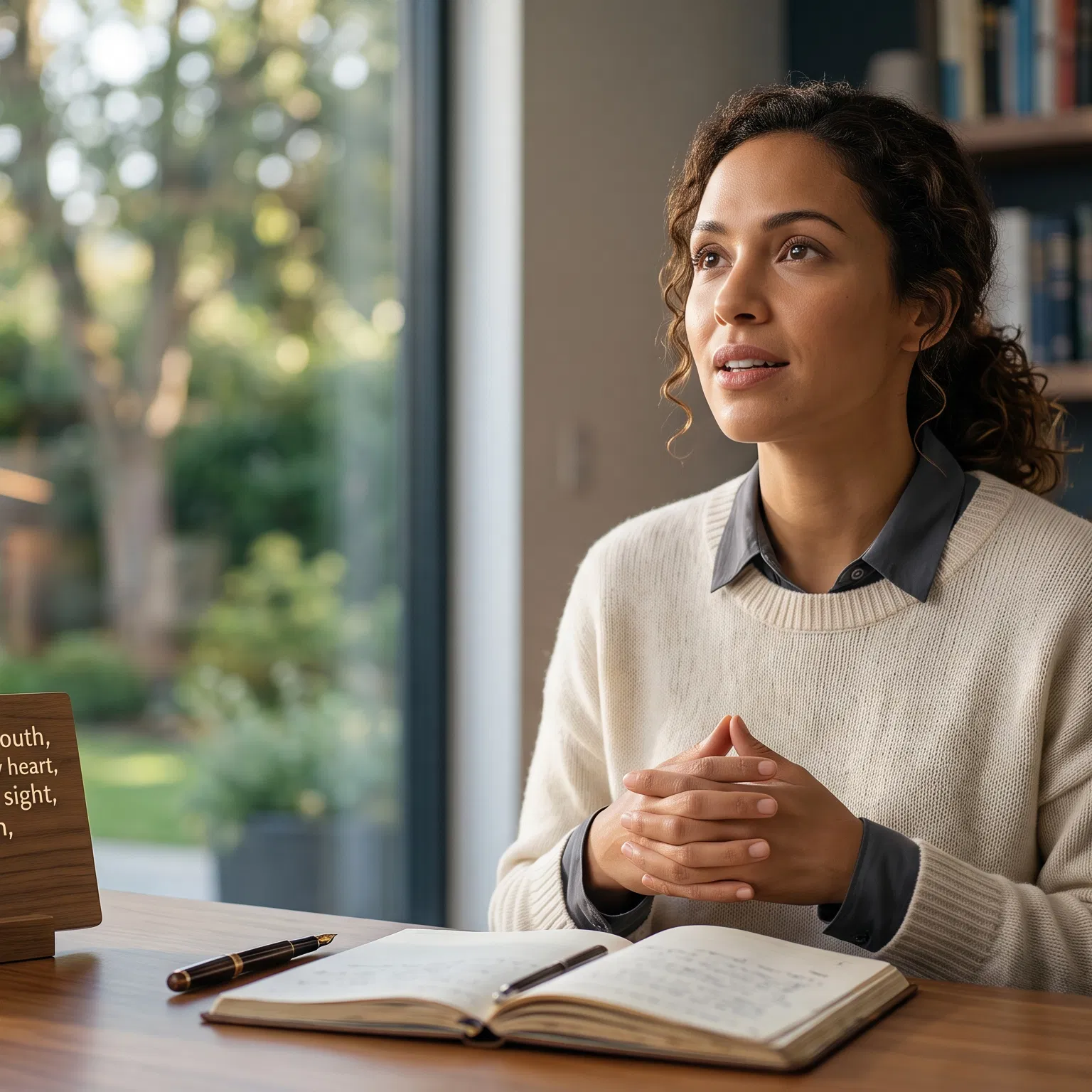 Woman Praying with a Psalm Plaque Beside Her