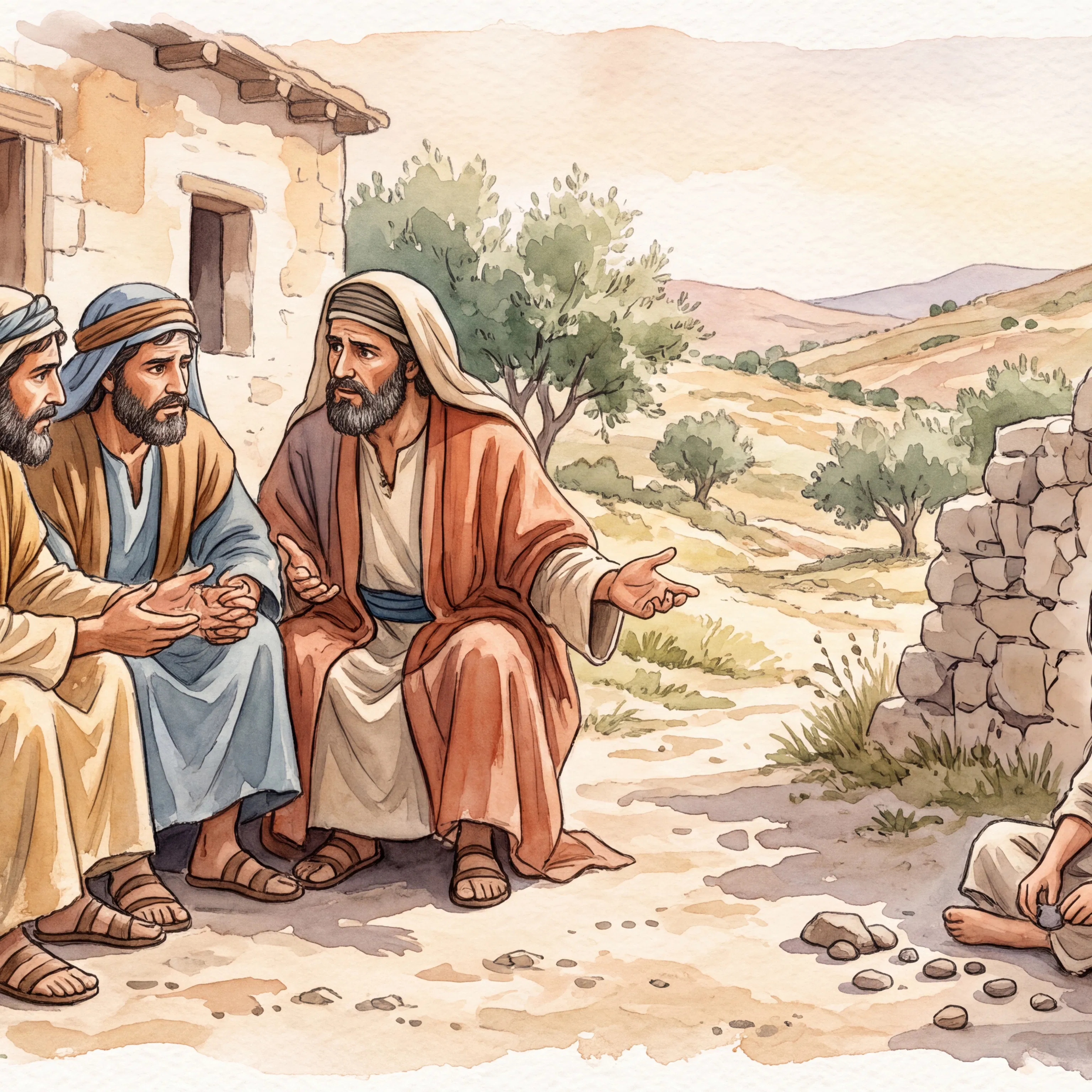 Three Brothers Discuss Their Young Sister Near a Stone Wall