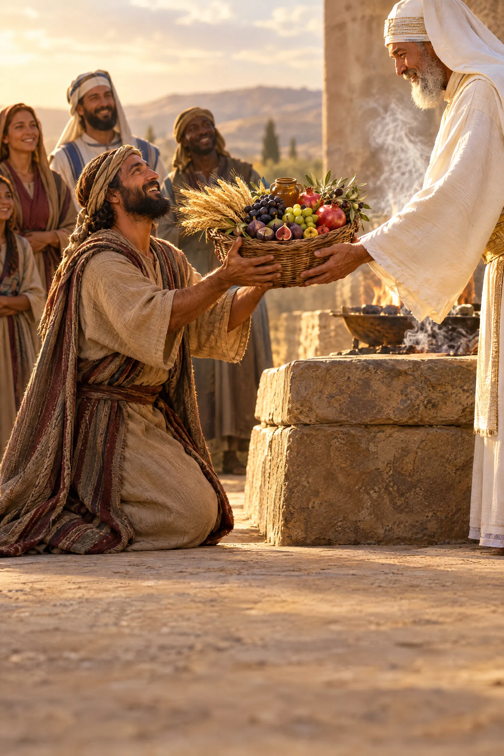 Farmer Presents Firstfruits Basket to the Priest