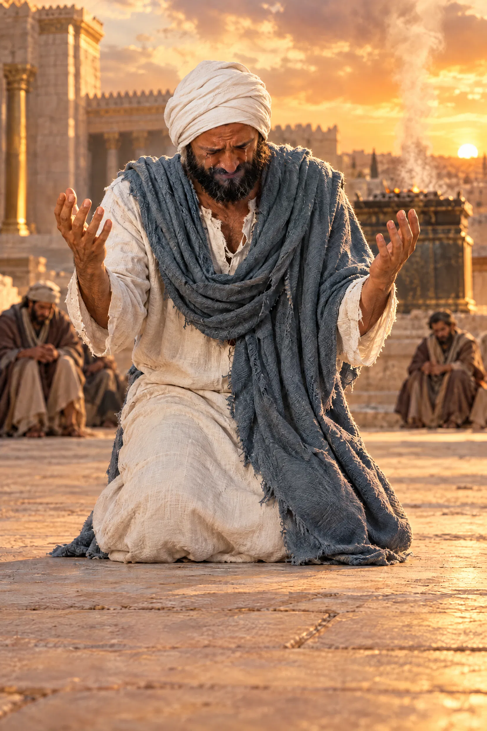 Ezra Kneels in Grief Before the Temple
