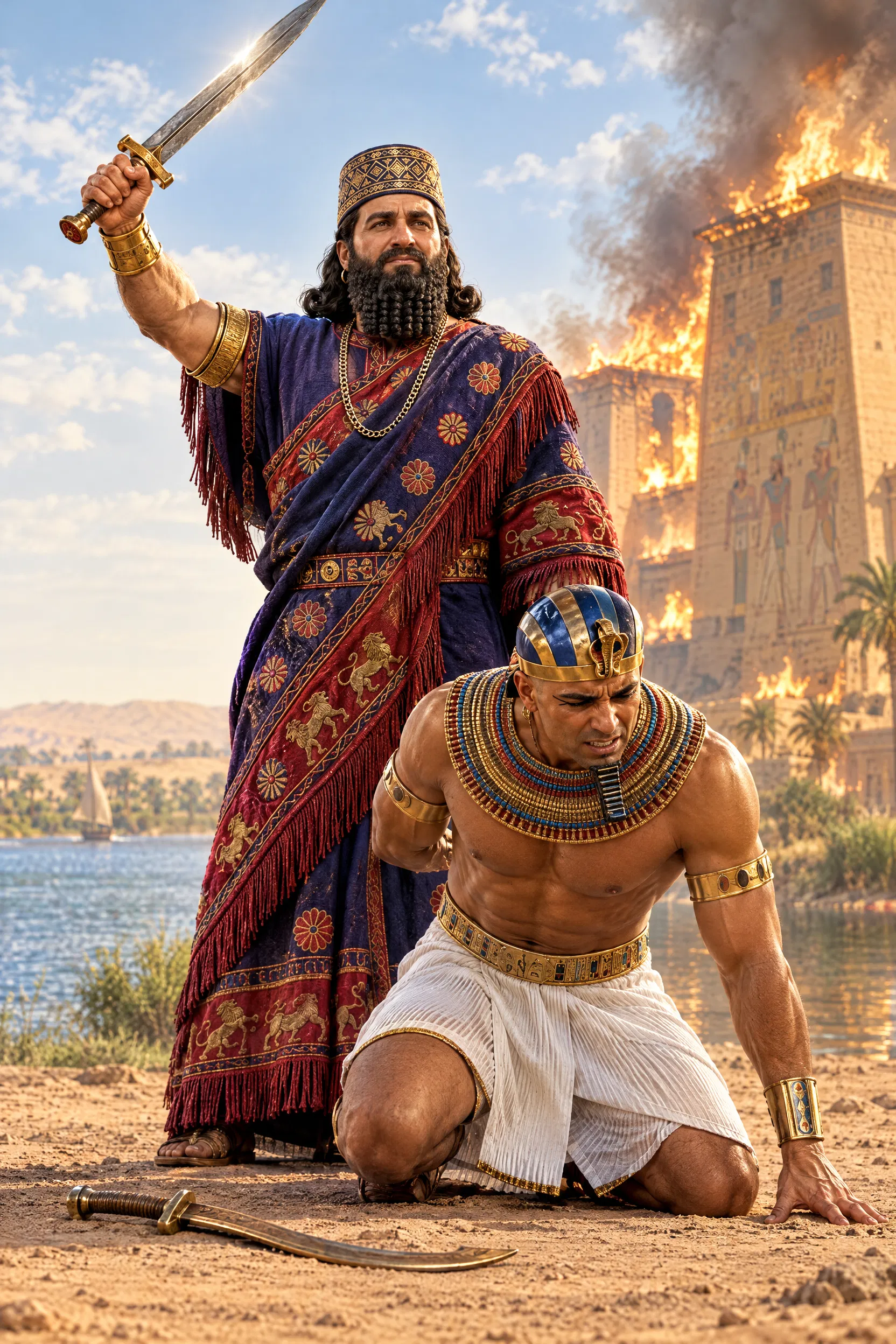 Babylon's King Overpowers Pharaoh Beside a Burning Temple
