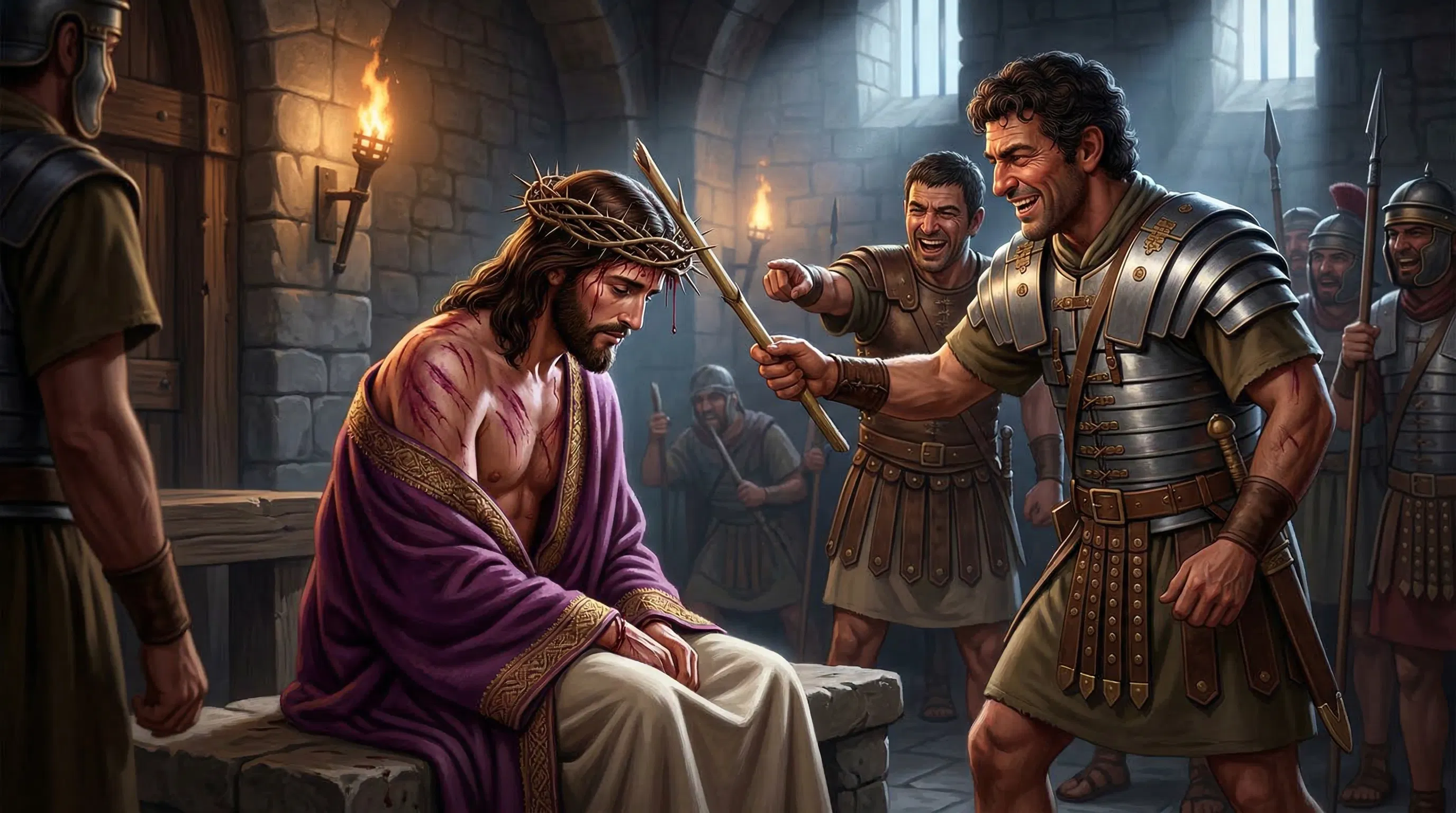 Roman Soldiers Mock Jesus With a Crown of Thorns