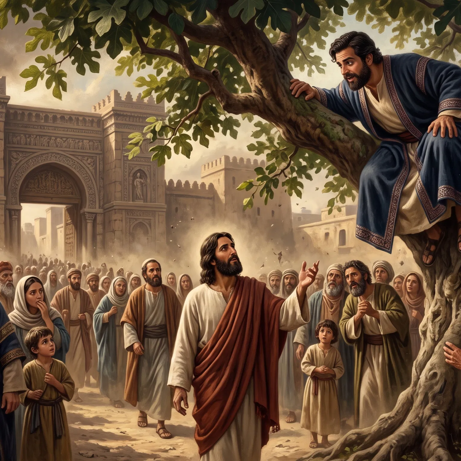 Zacchaeus Up the Sycamore Tree as Jesus Looks Up