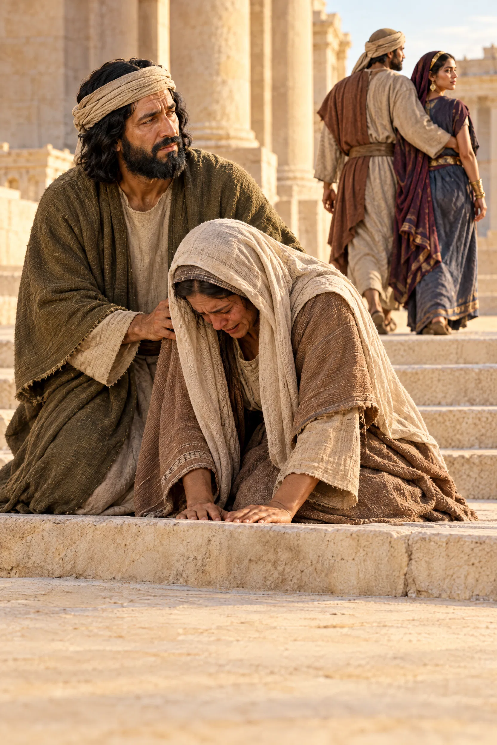 Malachi Comforts a Weeping Wife on the Temple Steps