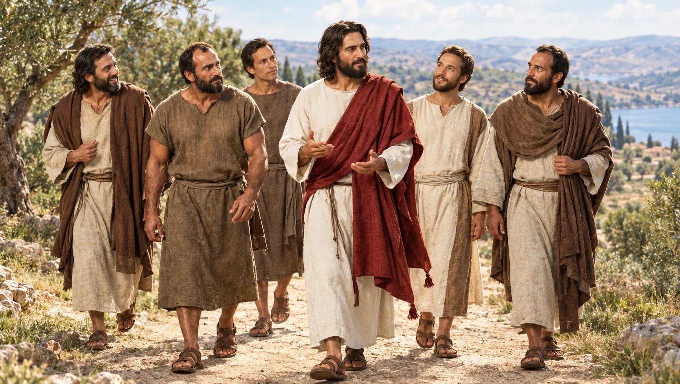 Jesus Walks with His Disciples on a Hillside Road