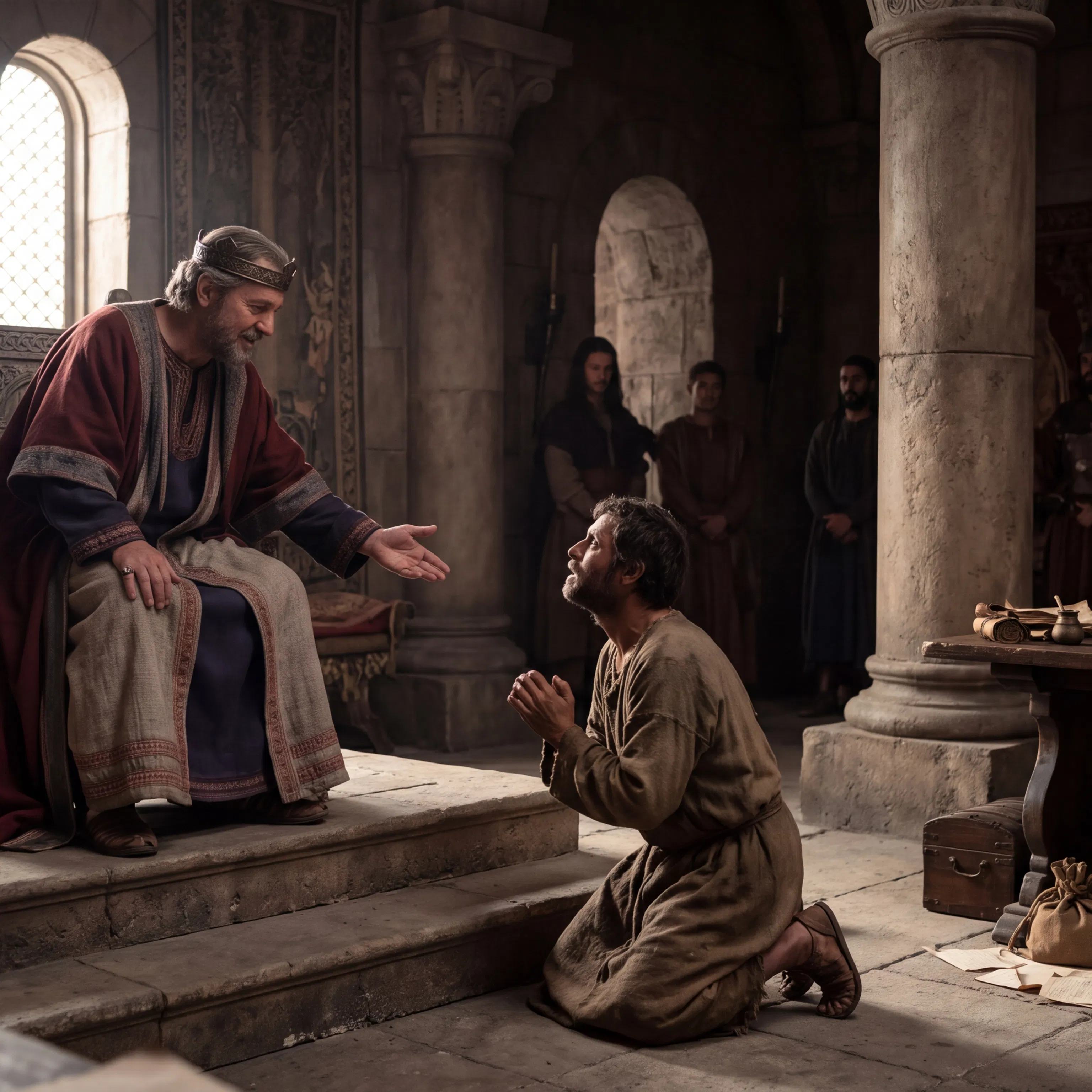 Kneeling Servant Pleads Before the Seated King