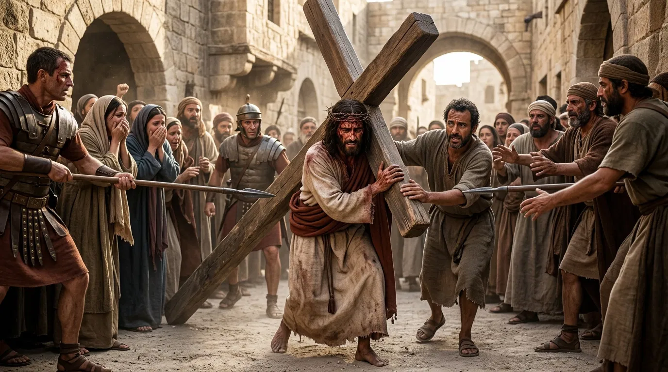 Jesus Carries His Cross Through Jerusalem
